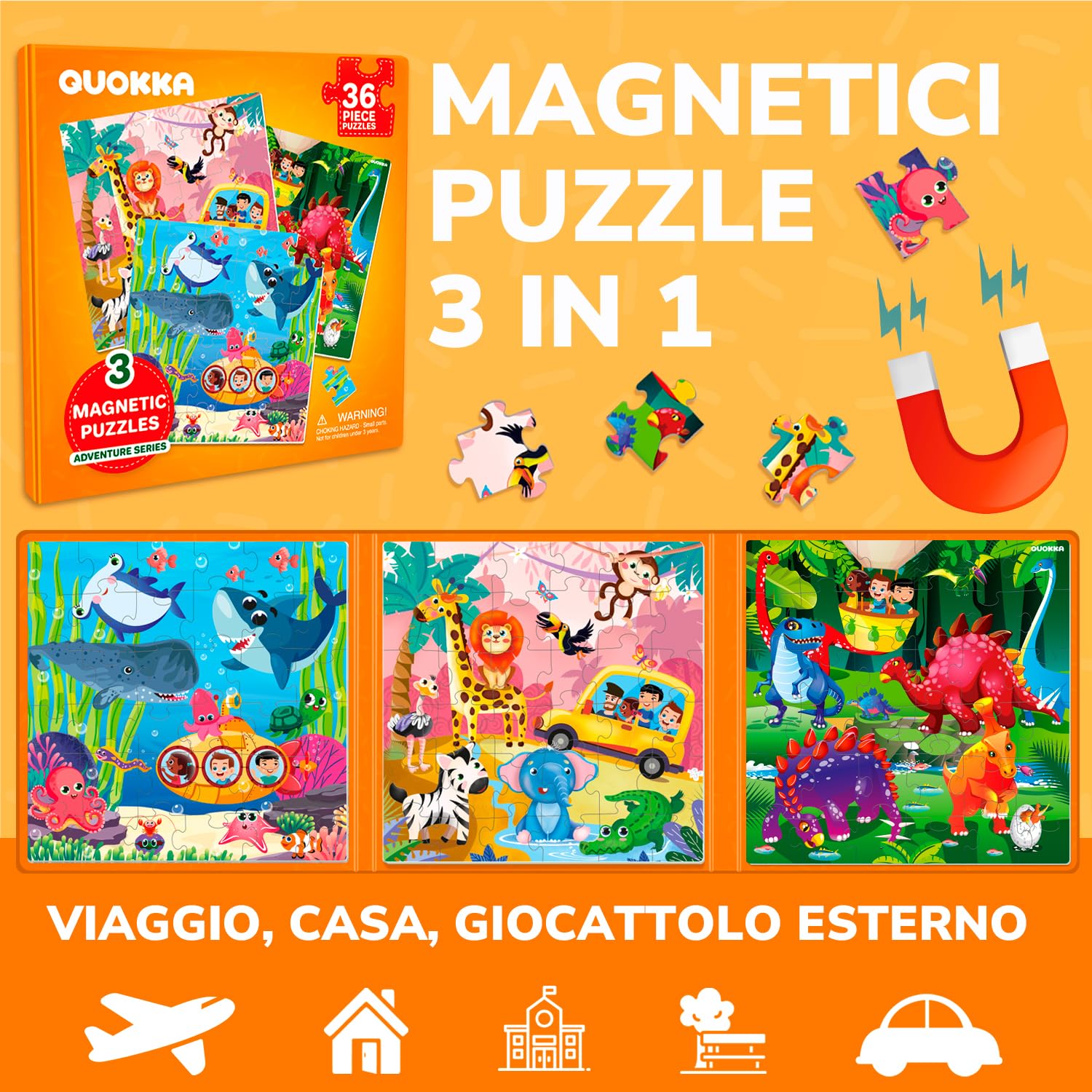 QUOKKA Puzzle Magnetico 2 3 Anni – Giochi da Viaggio Bambini 3 4 Anni – 36 Pezzi Puzzle Animali Giungla Mare – Intrattenere Bambini In Aereo – Educativo Giocattoli Regalo dai 2 ai 5