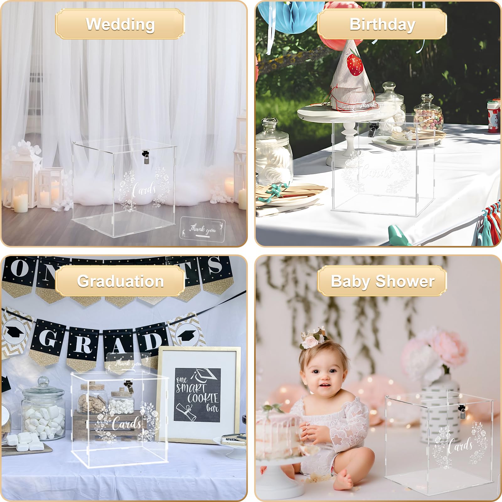 ECOSEAO Caja para Tarjetas de Boda de Acrílico, Caja para Tarjetas de Regalo con Cerradura y Ranura, Grande, Transparente, para Recepción, Cumpleaños, Aniversario