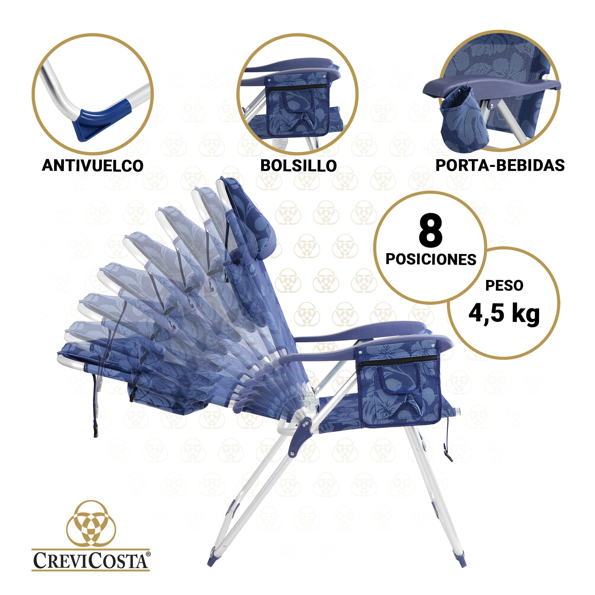 CREVICOSTA QUALITY MARK MARCAS DE CALIDAD Palmera 2081-3. Chaise de Plage Pliable avec accoudoirs et 8 Positions. Portable par sa Pratique Sac-Sac à Dos (Flowers)