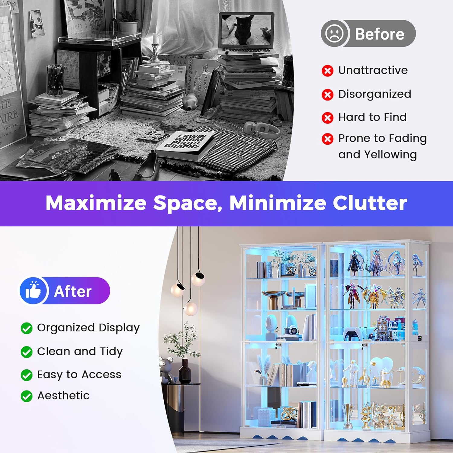 HWB 71" Glass Door Curio Cabinet with RGB LED Lights (White)