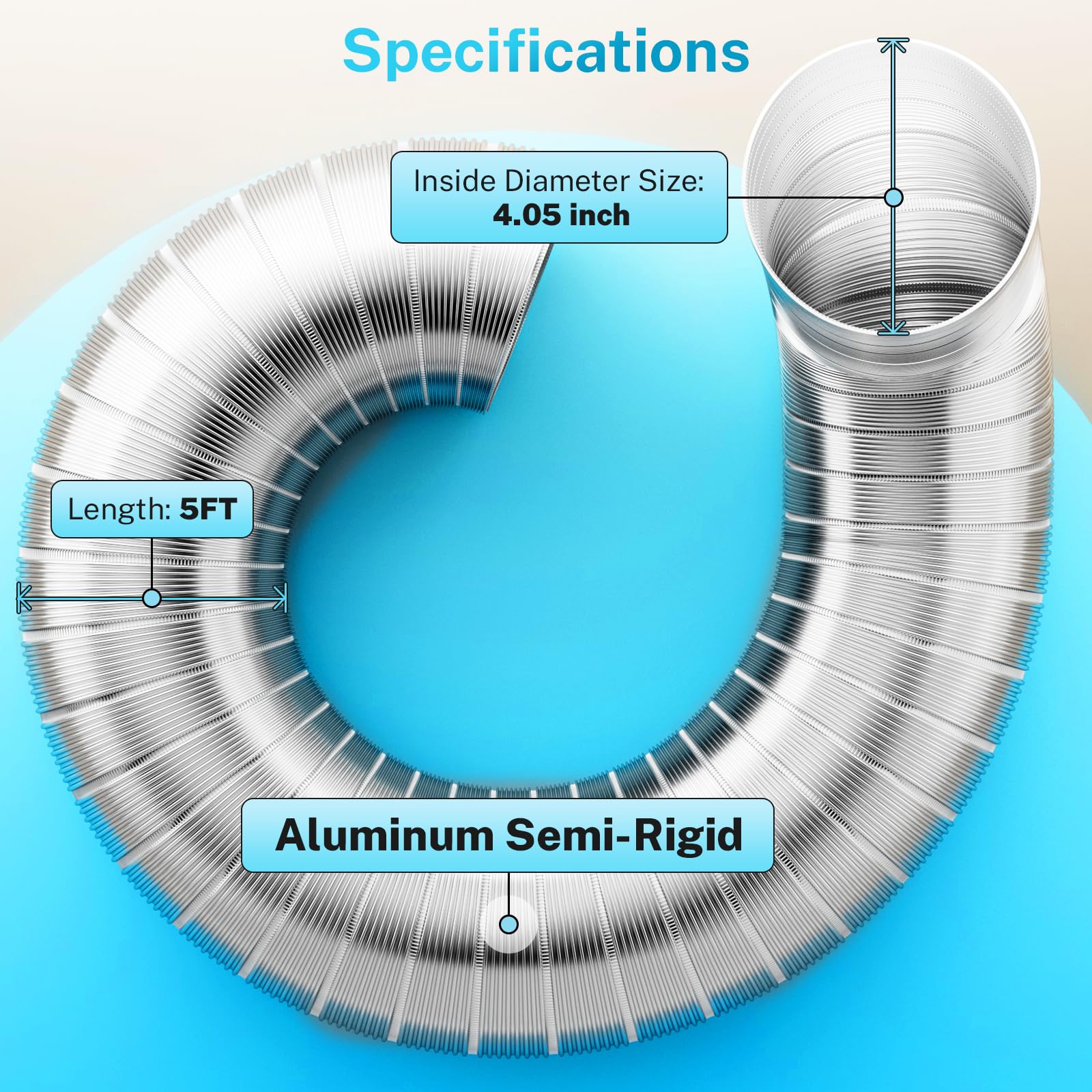 HOOMESUN 10,2 cm 1,5 m halbstarrer Trocknerentlüftungsschlauch aus flexiblem Aluminium mit Klemmen, 3,9 mm Aluminiumfolienband für HVAC-Belüftung, Kanalventilatorsysteme