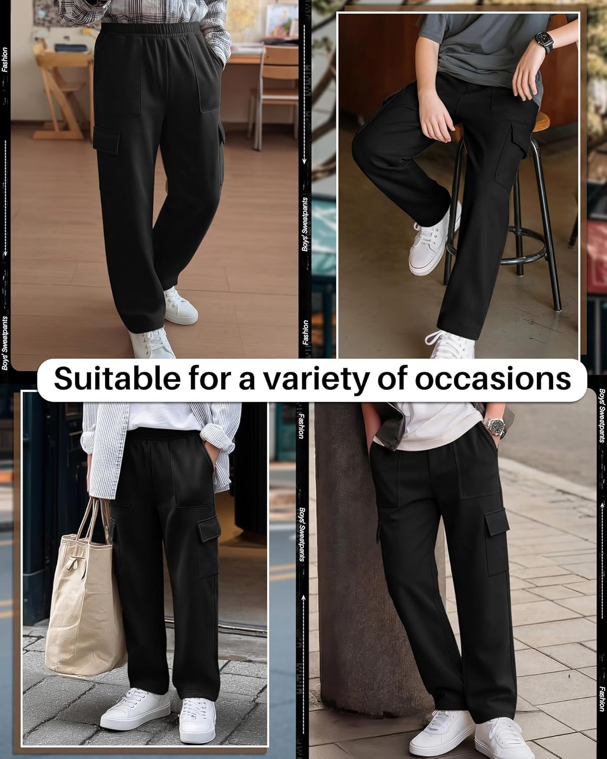 Boy's Cargo Sweatpants Baggy Straight Leg Pants Elastic Waist Open Bottom Athletic Joggers with Pockets - Image 2