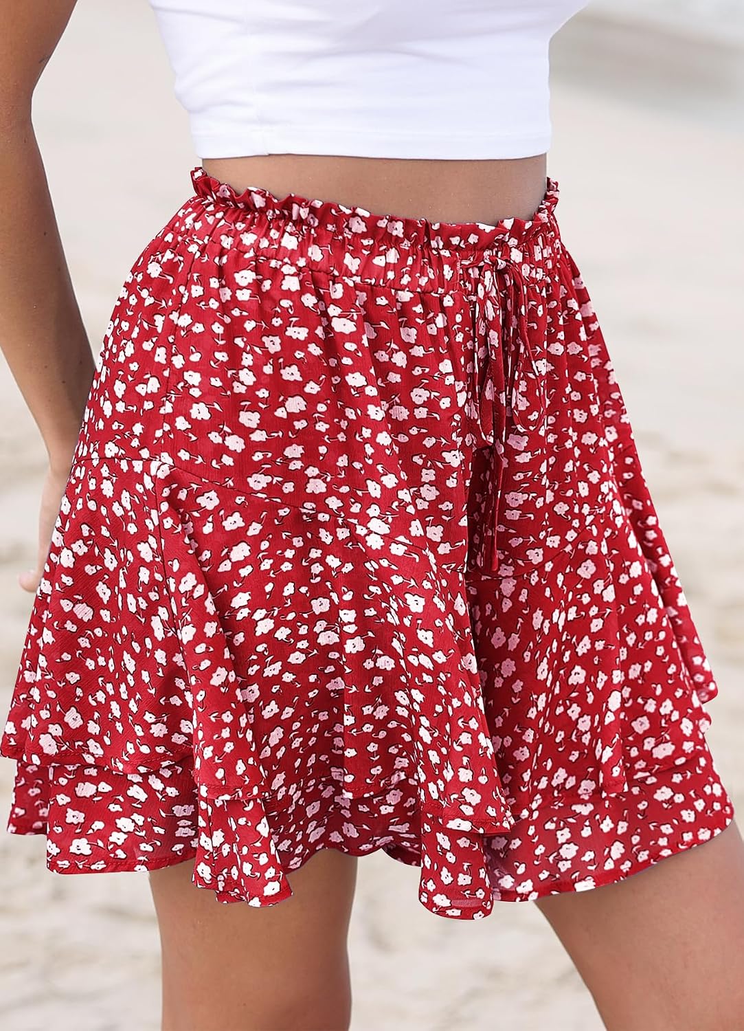 SimpleFun Womens Skorts Floral Ruffle Flowy Shorts Summer Flared Mini Skirt