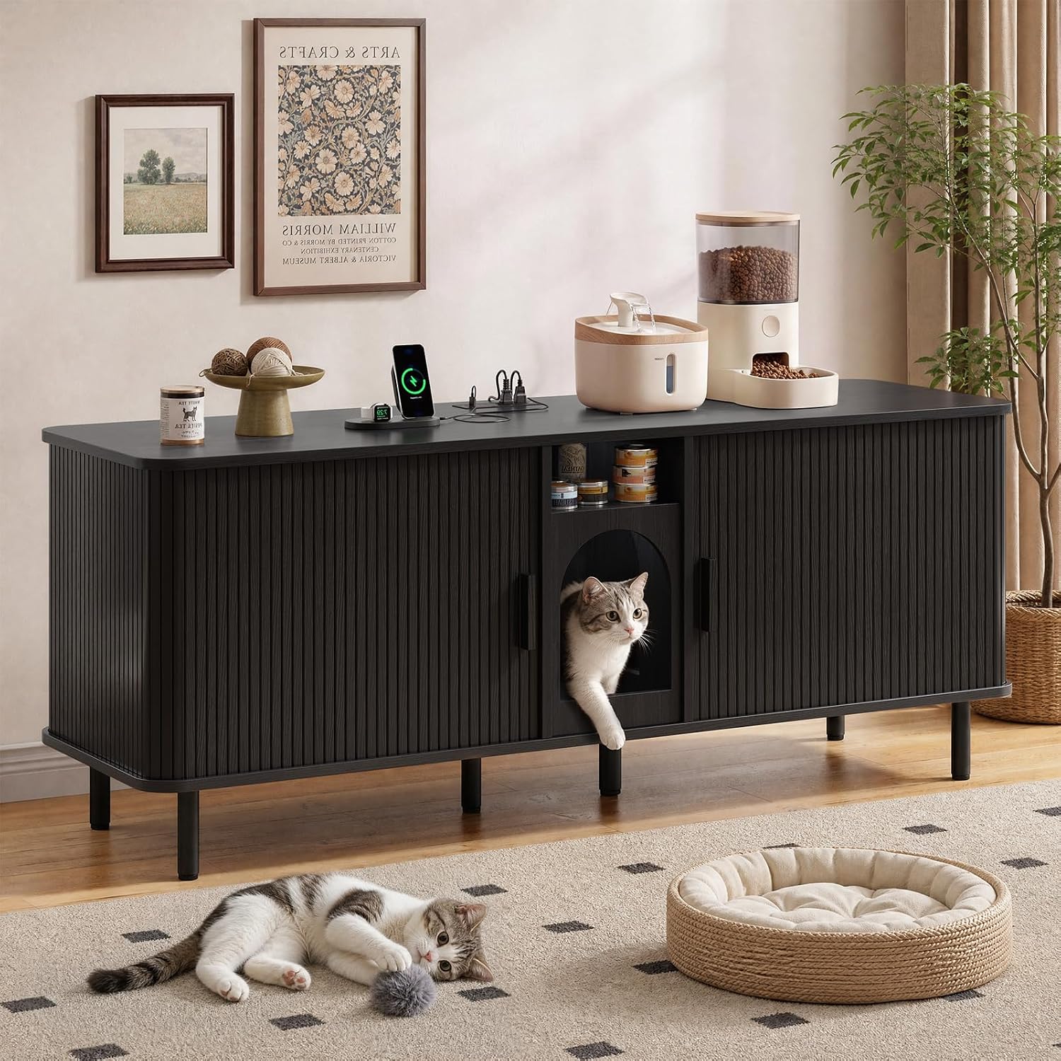 65" Double Cat Litter Box Enclosure with Power Outlet,Black