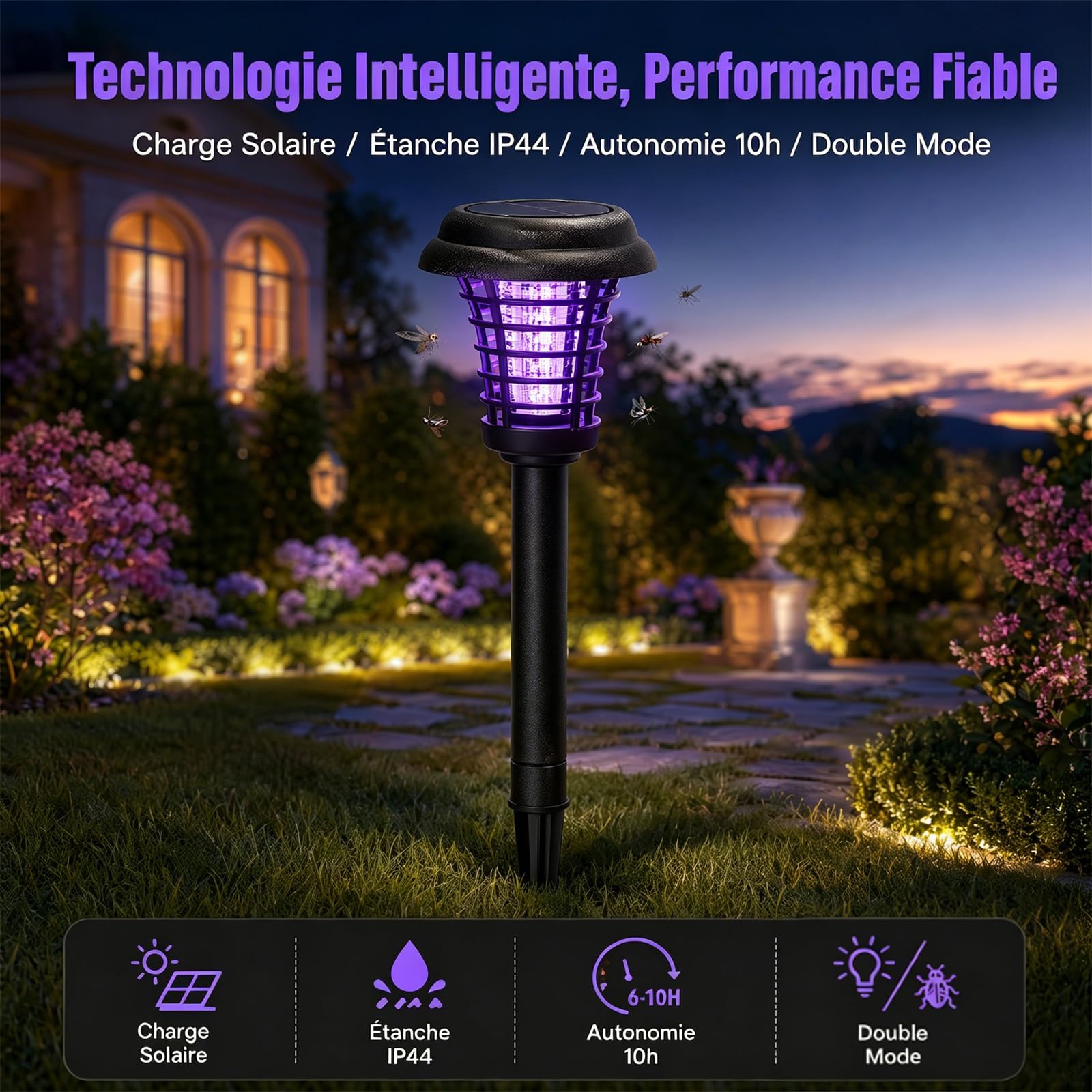Lampe Anti Moustique Électrique Solaire,UV Lampe Anti Moustique Exterieur Solaire IP44 Étanche Extérieur Rechargeable Anti Insectes Répulsif pour Jardin Pelouse Mites, Mouches,Insectes Anti Mouche