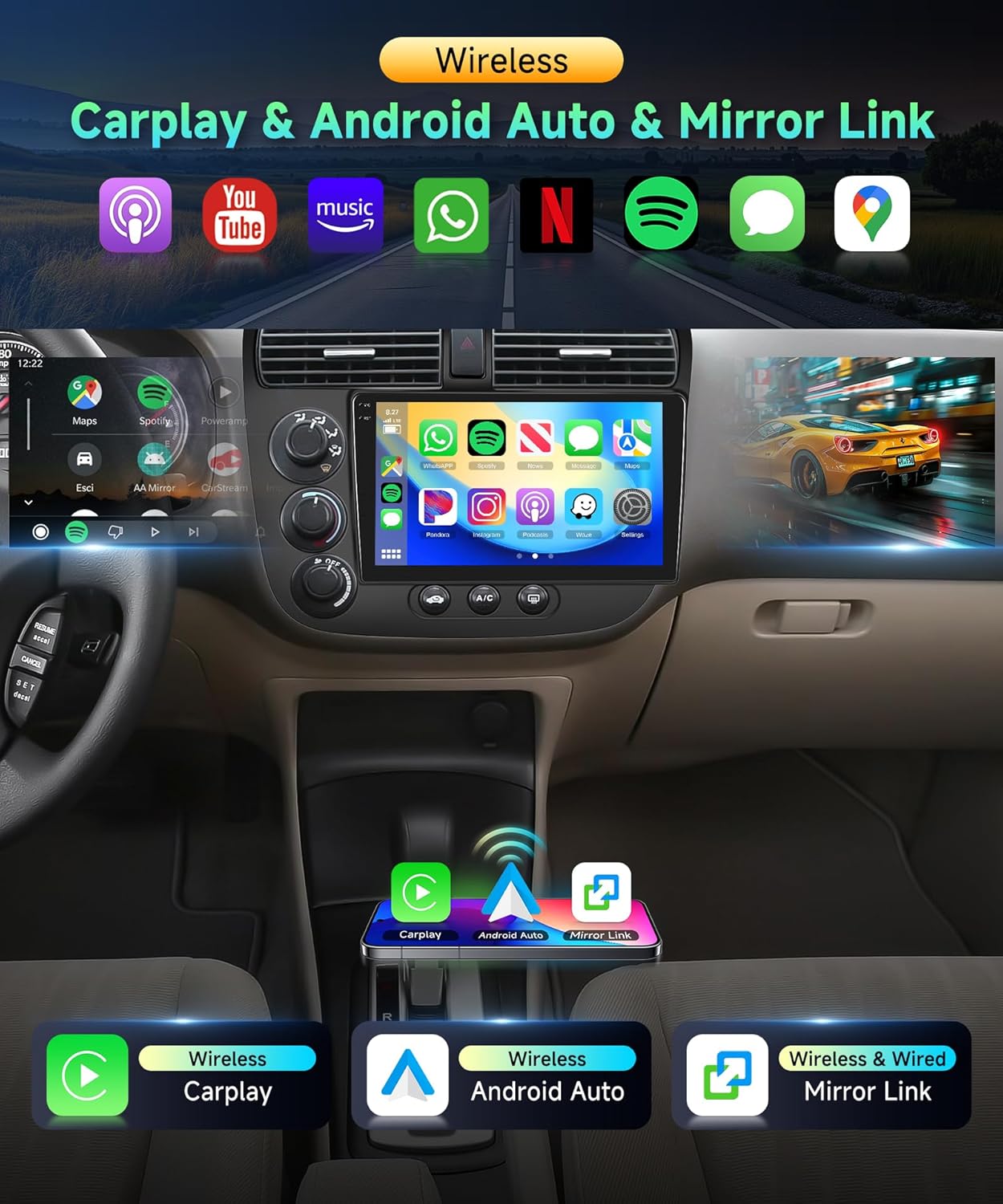 4G+64G Car Radio for Honda Civic 2001-2005 Stereo 9 inch in-Cell Touch Screen Wireless CarPlay/Android Auto Android 15 Bluetooth DSP FM/RDS GPS WiFi SWC AHD Backup Camera