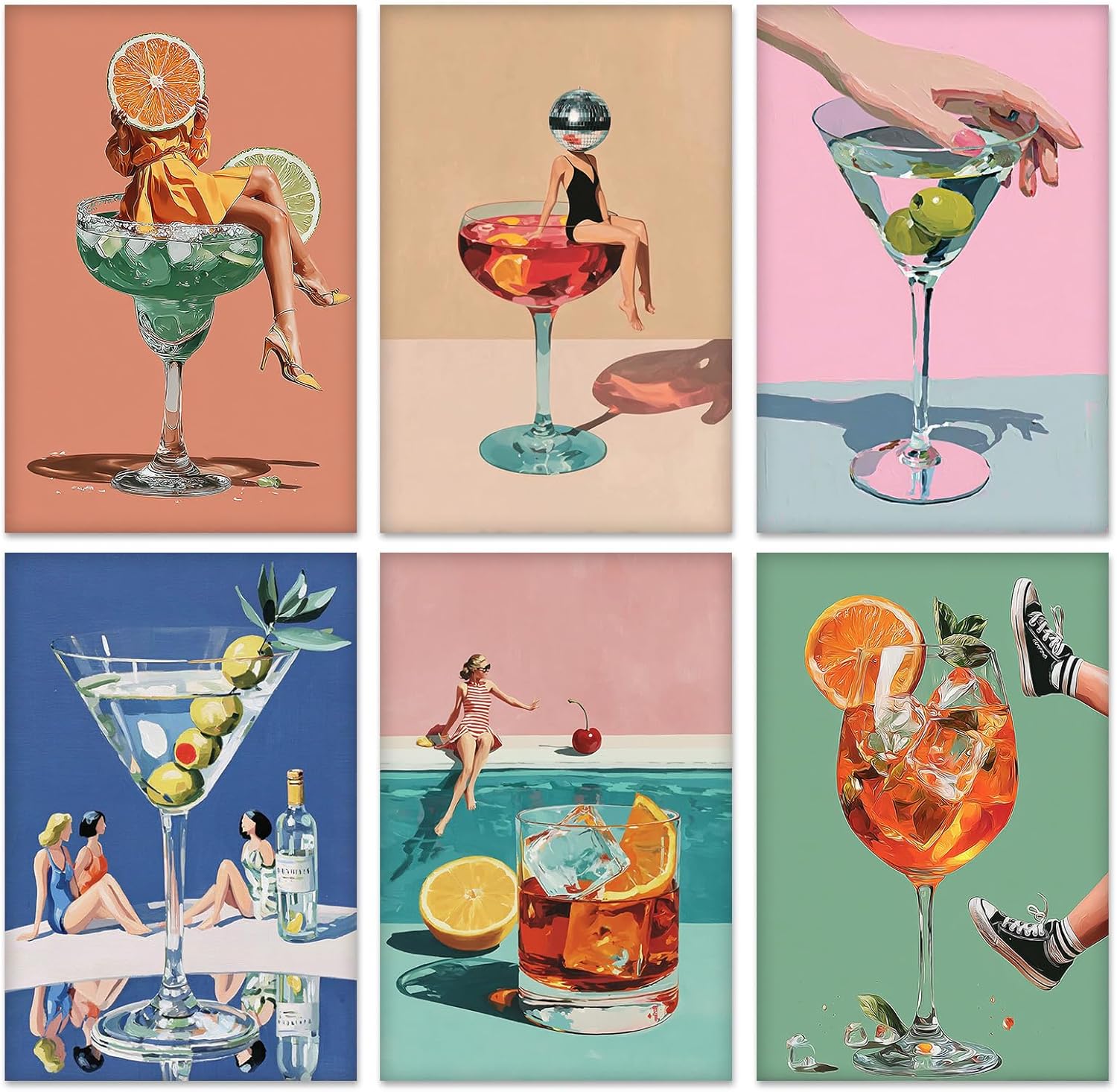 KEYIFA 6 Pack Paint by Numbers Kit, Stretched Canvas Boards for Painting for Adults, No Crease Acrylic Oil Painting for Students Beginners Favor Sip & Paint Party Supplies, 70s Retro Cocktail (8x12)