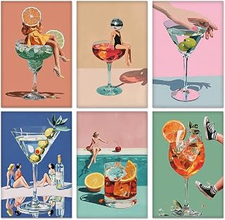 QENSPE 6 Pack Paint by Numbers Sets Stretched Canvas Tiles for Painting for Adults Acrylic Oil Paintings for Students and Beginners, Perfect for Sip & Paint Parties, 70s Retro Cocktail 8x12 inch