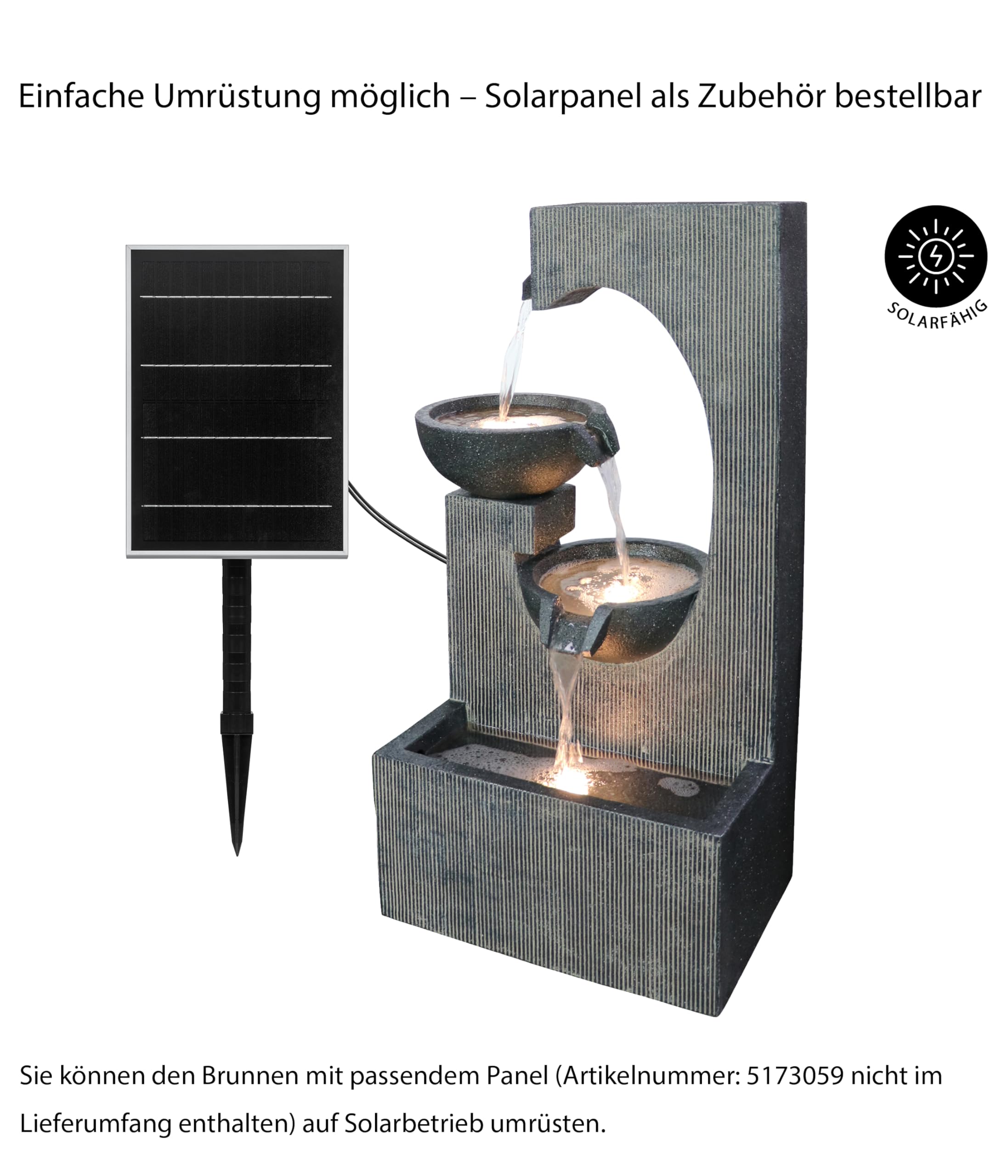 Dehner Gartenbrunnen Lorca, Outdoor-Brunnen, mit LED-Beleuchtung, solarfähig, ca.45x81x32 cm, Polyresin, grau