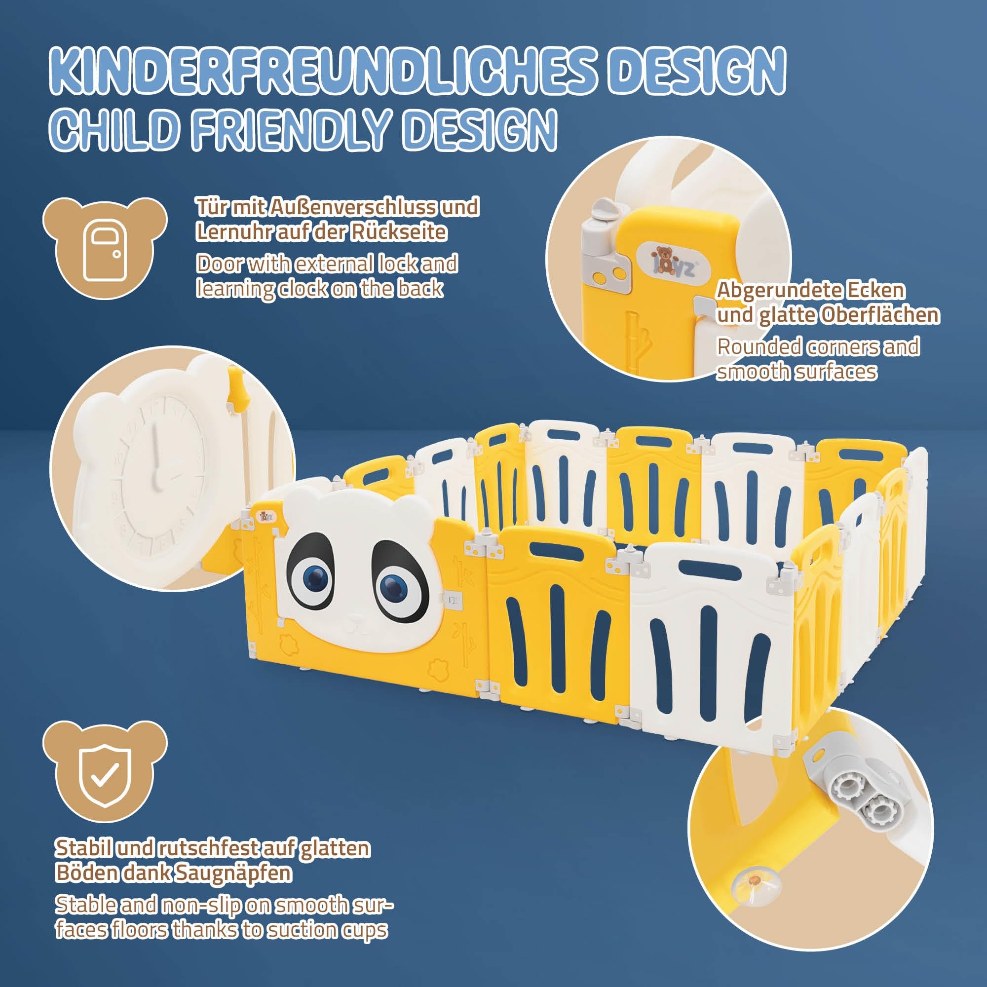 Joyz Box Bambini 160x160 cm Pieghevole Design Panda Bianco/Giallo Cancelletto con Porta e Orologio Didattico Recinto in Plastica per Interni/Esterni Cancelletto per l’Esplorazione dei Neonati