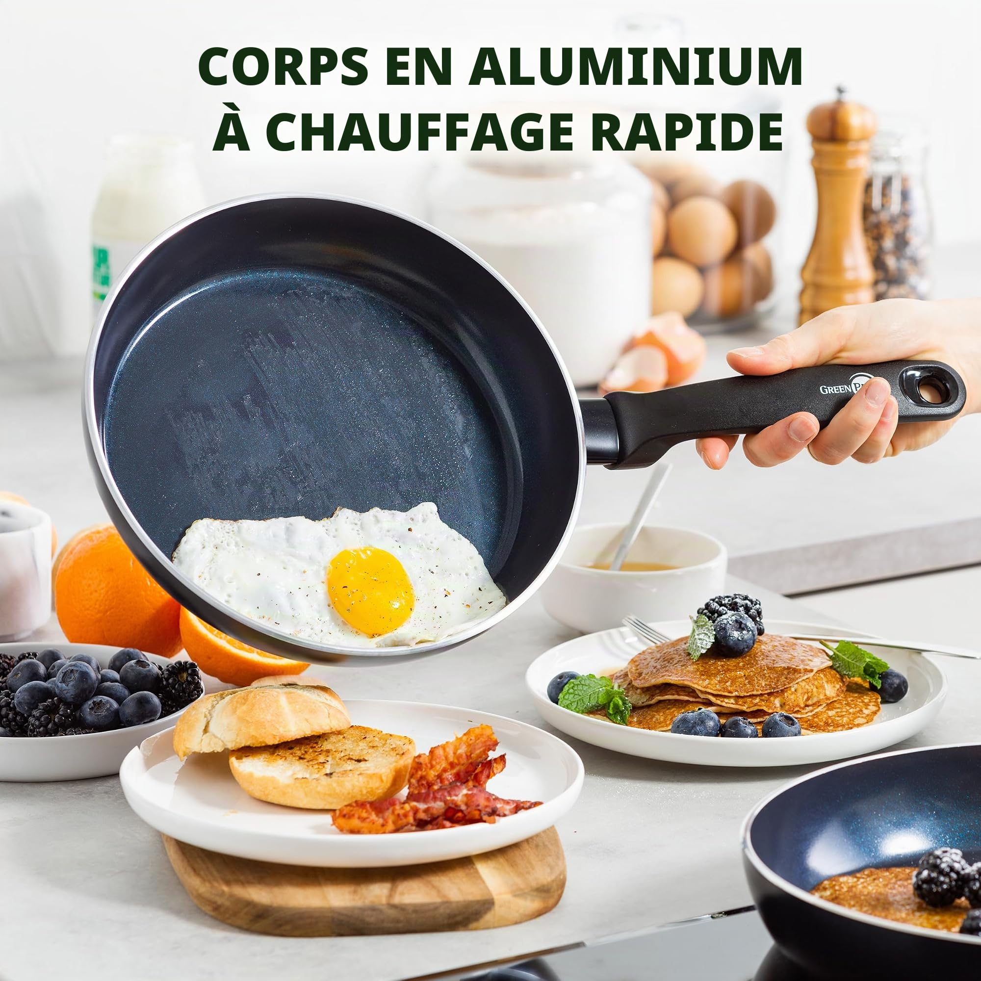 GreenPan Torino Set de Poêles à Frire Antiadhésive 3 pièces en Céramique Saine, 20 cm, 24 cm & 28 cm, Sans PFAS, Induction, Va au four jusqu'à 160°C, Lavable au lave-vaisselle, Noir