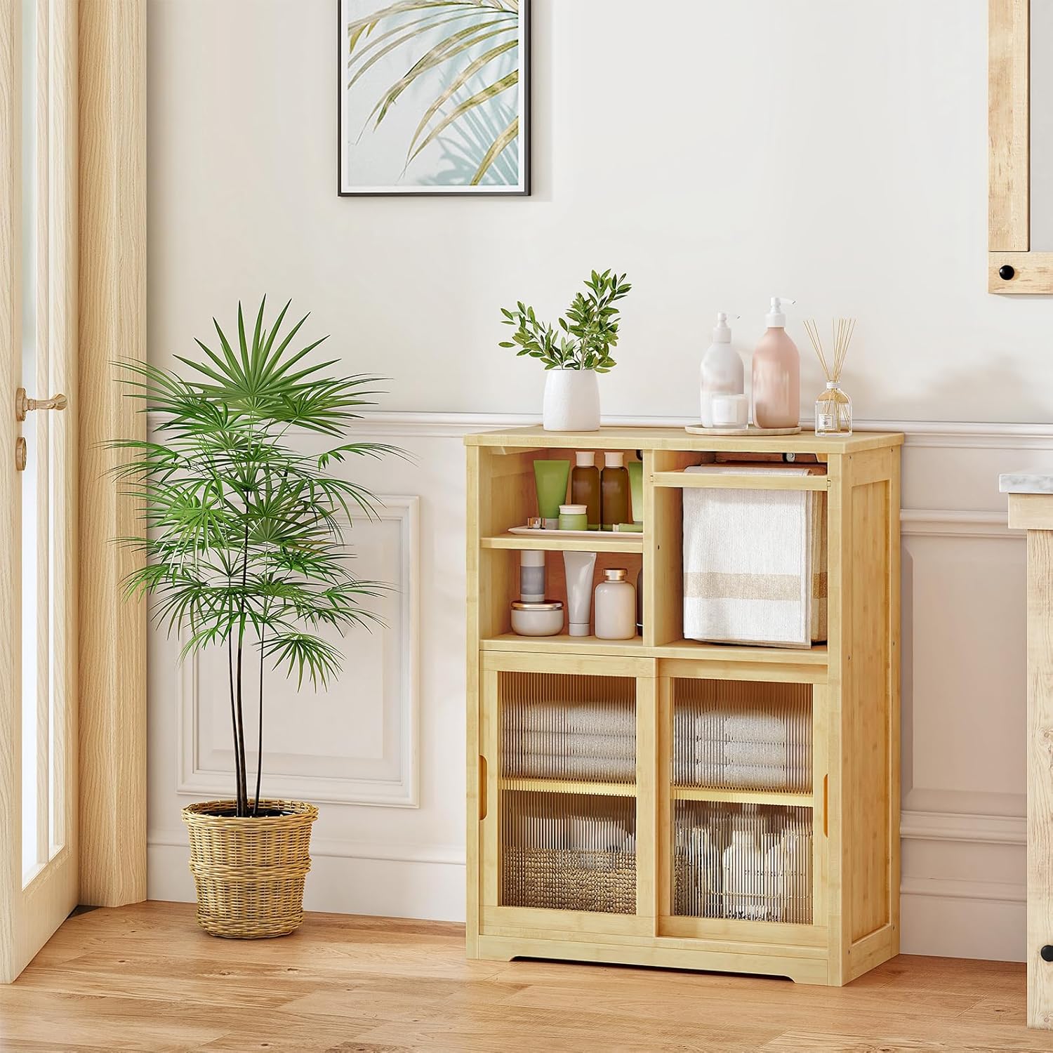 HOOBRO Floor Cabinet and Blanket Ladder Bundle, Bamboo Organizer Cabinet with Adjustable Shelves, Blanket Stand with 2 Shelves for Bathroom, YL63BC01-MA124CJ01