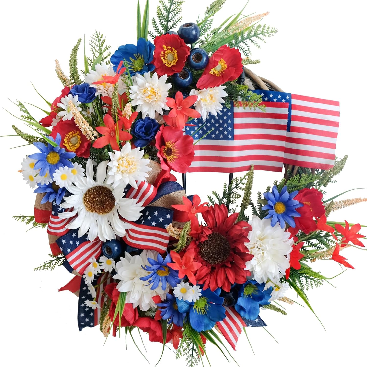22-inch Fourth of July Independence Day Wreath Red White Blue Artificial Daisy Flowers Flag Wreath Handcrafted Memorial Day Decoration Front Door Indoor Outdoor Office Decoration