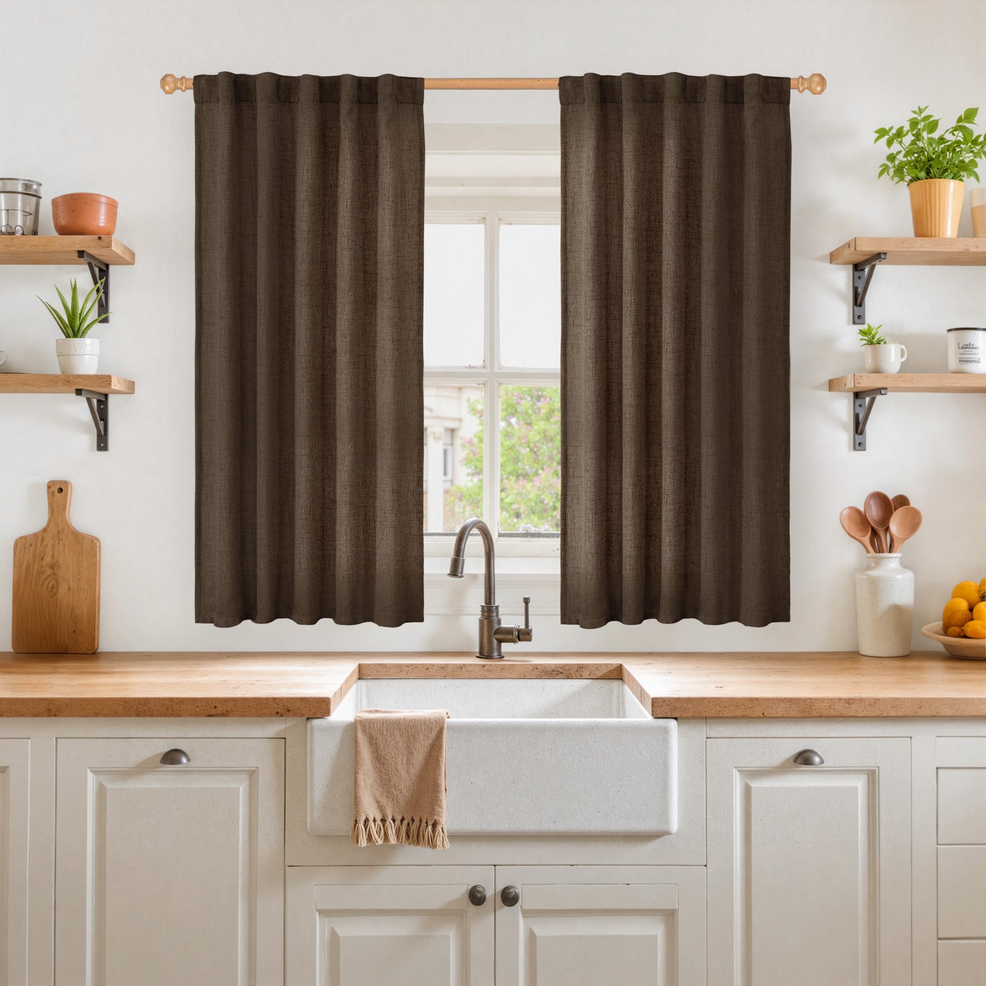 Photo 1 of YoungsTex Brown Linen Curtains 45 Inches Long for Short Window, Back Tab Rod Pocket Chocolate Drapes Light Filtering for Kitchen Bathroom Cafe Decorative, 2 Panels, 42 X 45 Inch