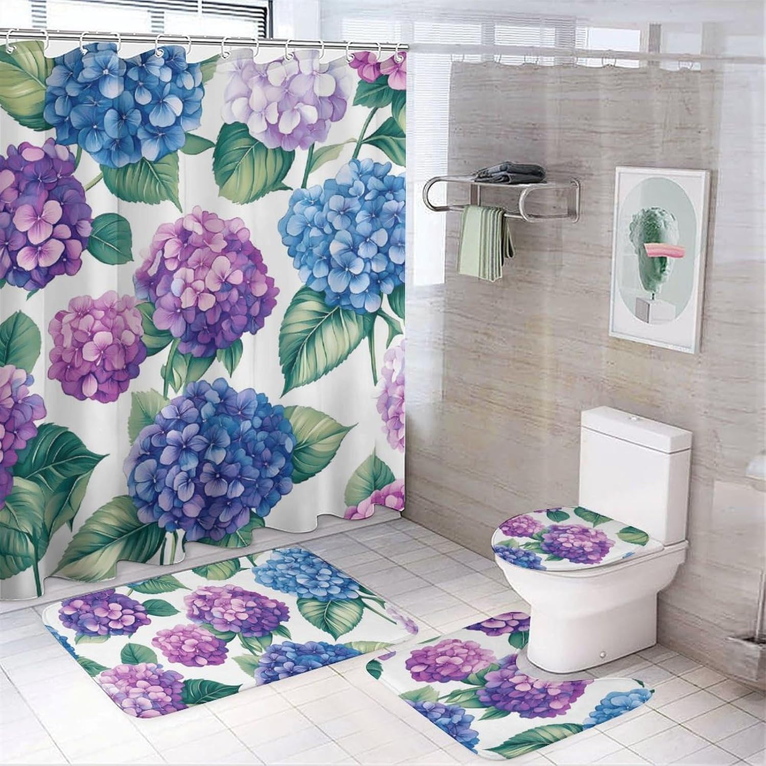 Hydrangeas Flowers Modern Bathroom Sets with Shower Curtain and Rugs Decor 4 Pcs with 12 Hooks