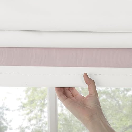 Miniatura 4 de Sun Zero Marline - Persiana romana sin cordón, 100 % opaca con borde de cinta rosa, 31 x 64 pulgadas, rosablanco