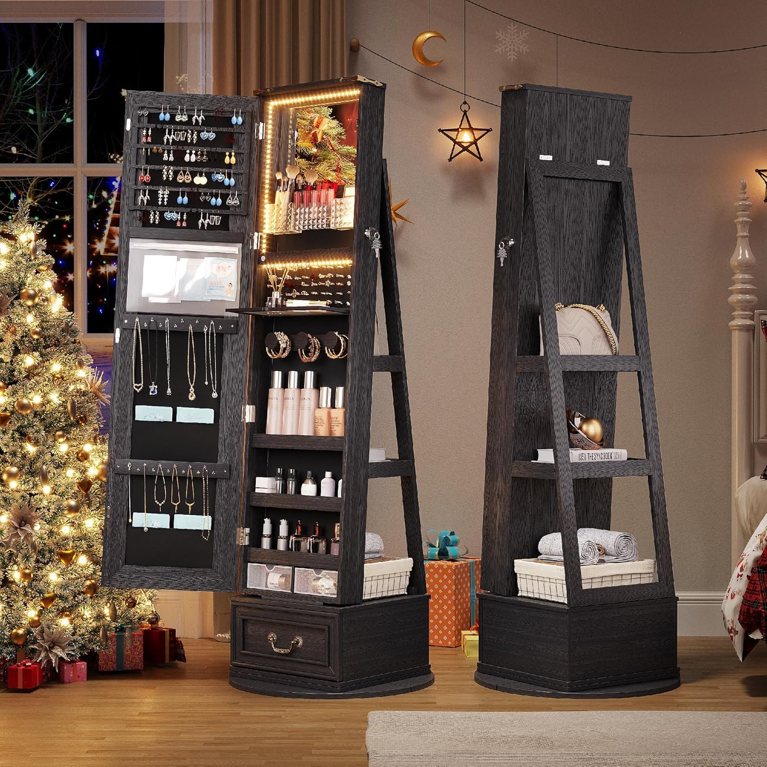 360°Swivel jewelry organizer with Full Length Mirror with Lights,Jewelry Armoire Cabinet Standing with Drawers,Large Mirror Storage for Jewelry and Makeup,Best Gift for Wife & Girls, Wood grain black
