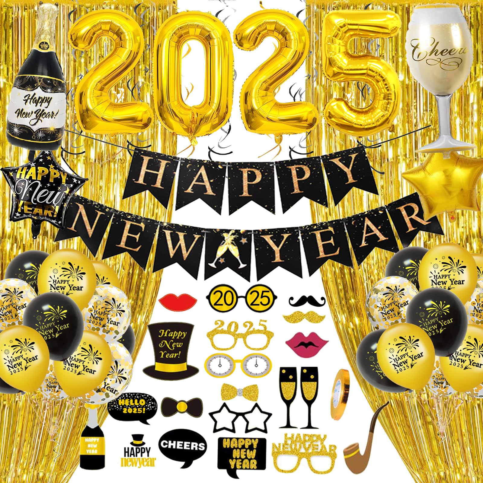 NEUJAHR 2025 Party-Hintergrund: Schwarz-Gold Mit „Happy New Year“-Aufdruck, 210x150 Cm – Perfekt Für Fotoshootings & Countdown-Feiern