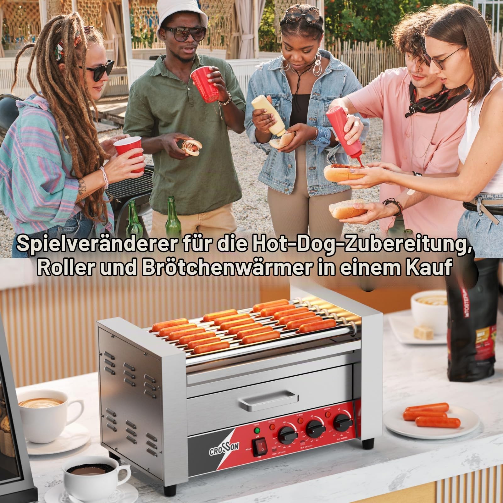 CROSSON 2 in 1 Profi Hot Dog Grill,7 Rollen Edelstahl Hot Dog Machine Elektrogrill 1350W mit Brötchenwärmer,Dual-Temp-Steuerung
