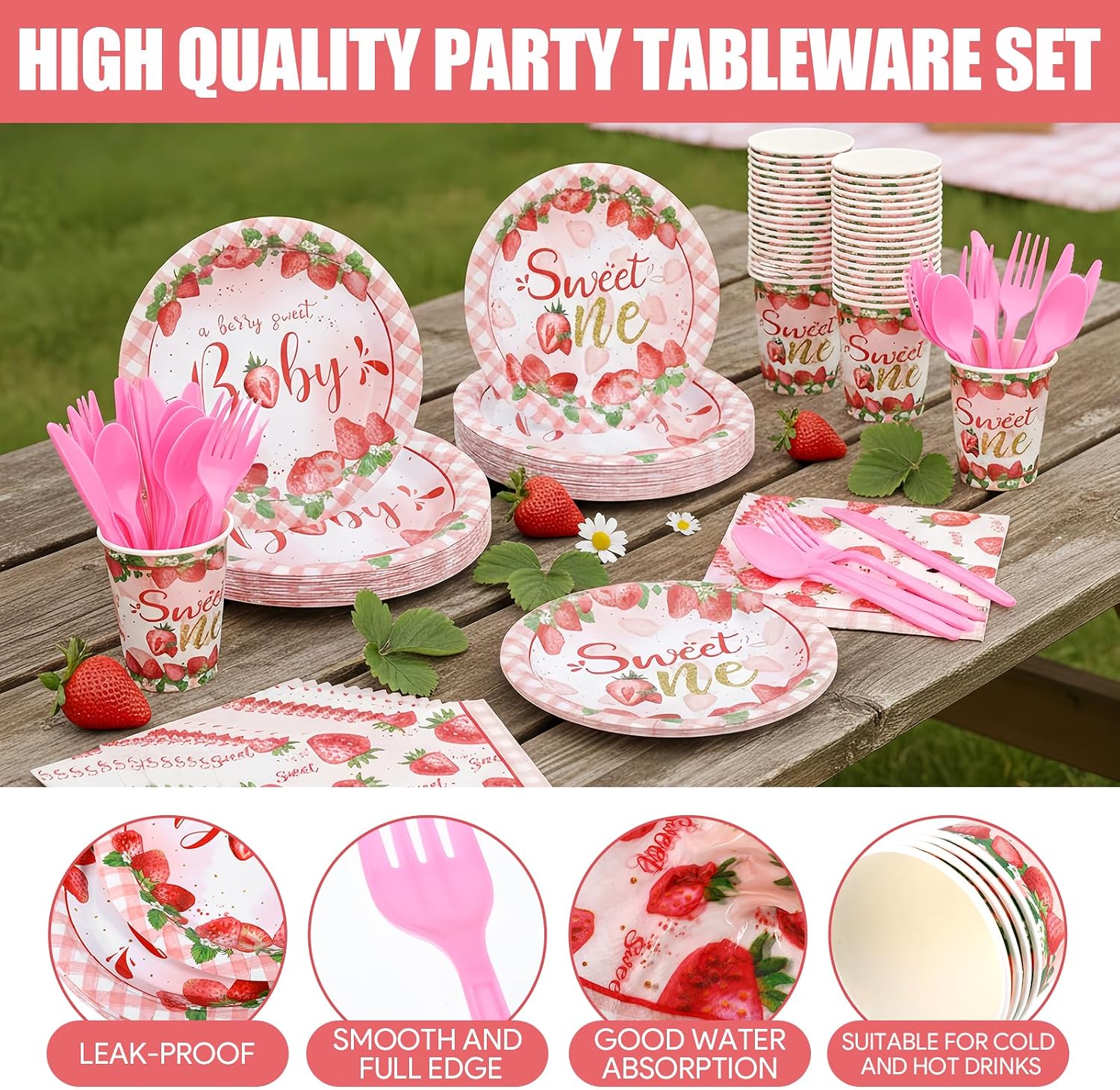 280 Pcs Strawberry Baby Shower Decorations for 40 Guests, Disposable Strawberry Paper Plates Napkins Cups Knife Fork Spoon for A Berry Sweet Baby is On the Way Decorations Supplies for Girls