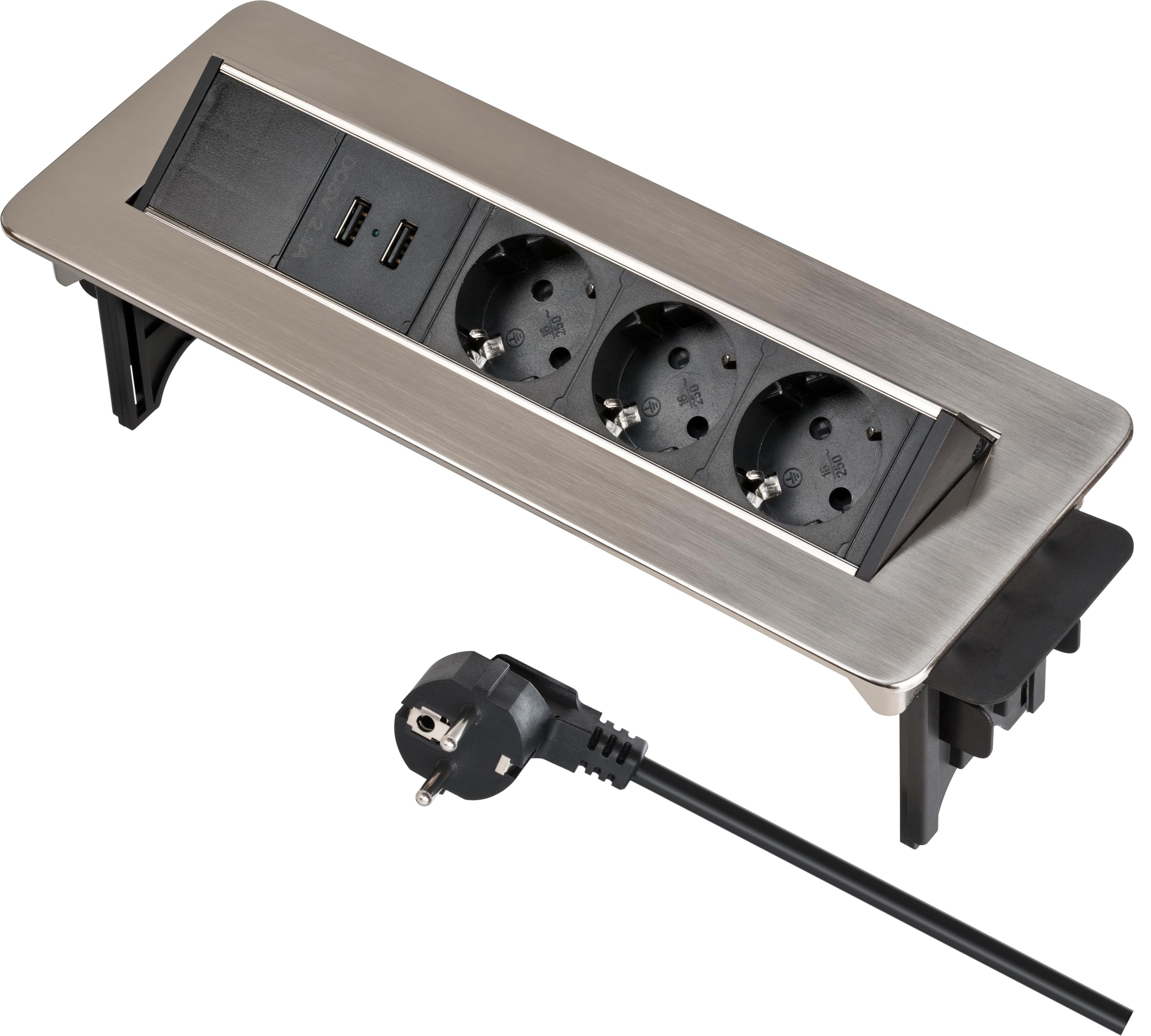Brennenstuhl Indesk Power USB-Charger Tischsteckdosenleiste 3-Fach mit USB | Versenkbare Steckdosenleiste 3-fach, Mehrfachsteckdose mit 2 USB Ladebuchsen, 2m Kabel, silber/schwarz