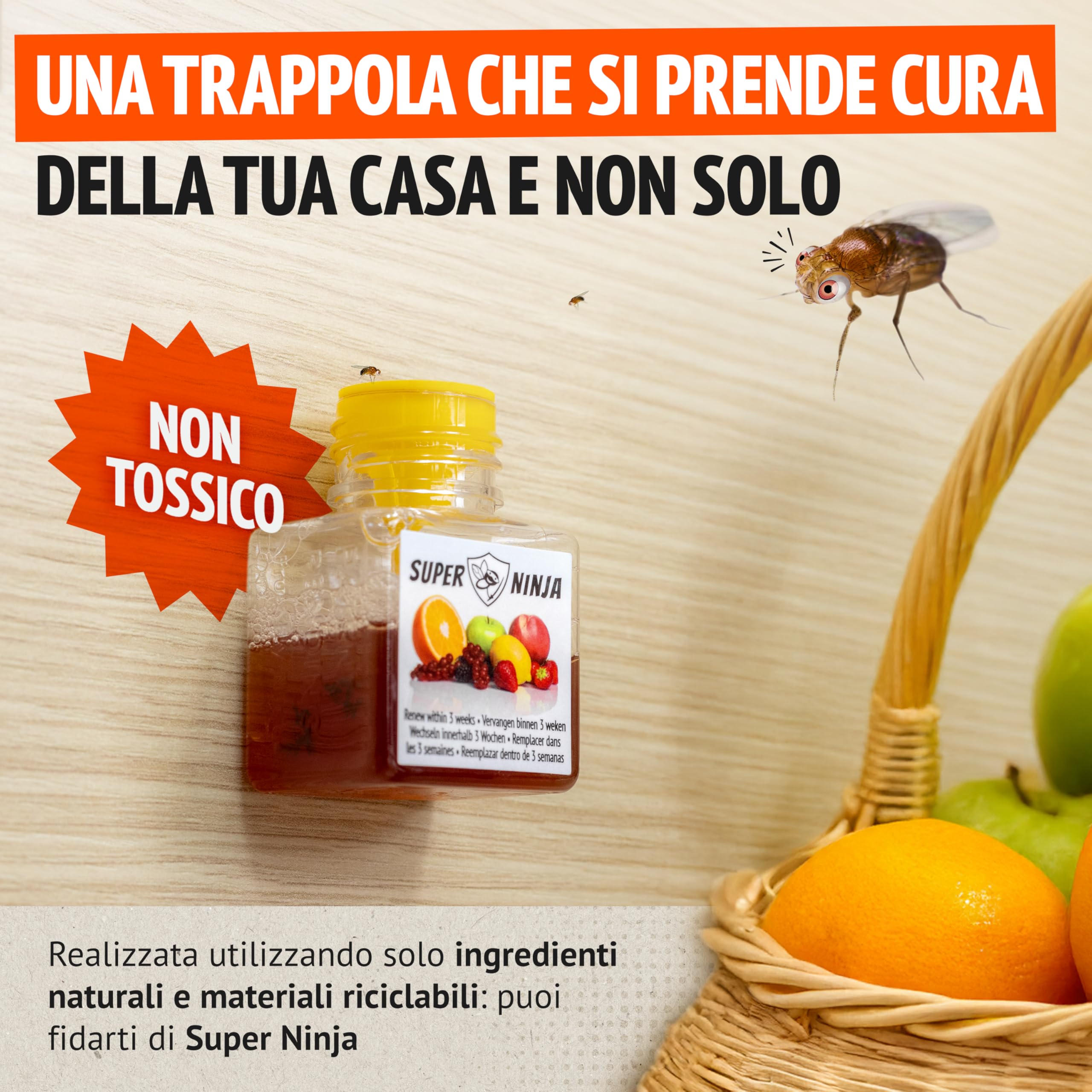 Super Ninja Trappola Moscerini Frutta per Interni - 2 Pezzi, trappola per moscerini della frutta efficace per casa e cucina, attiva fino a 3 settimane, adatta a bambini e animali domestici