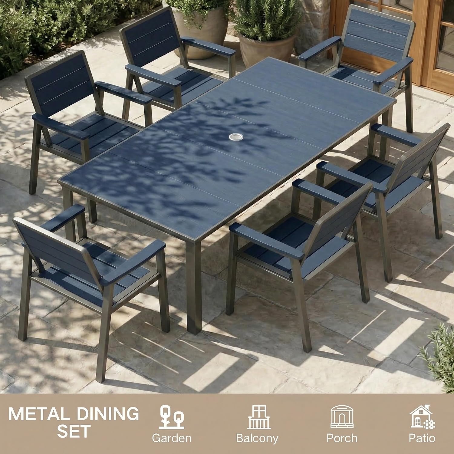 Kingdura 7 Piece Patio Dining Set for 6, HDPE & Metal Outdoor Table & Chairs with Umbrella Hole, All-Weather Outdoor Furniture Patio Conversation Set for Lawn Pool Backyard, Blue