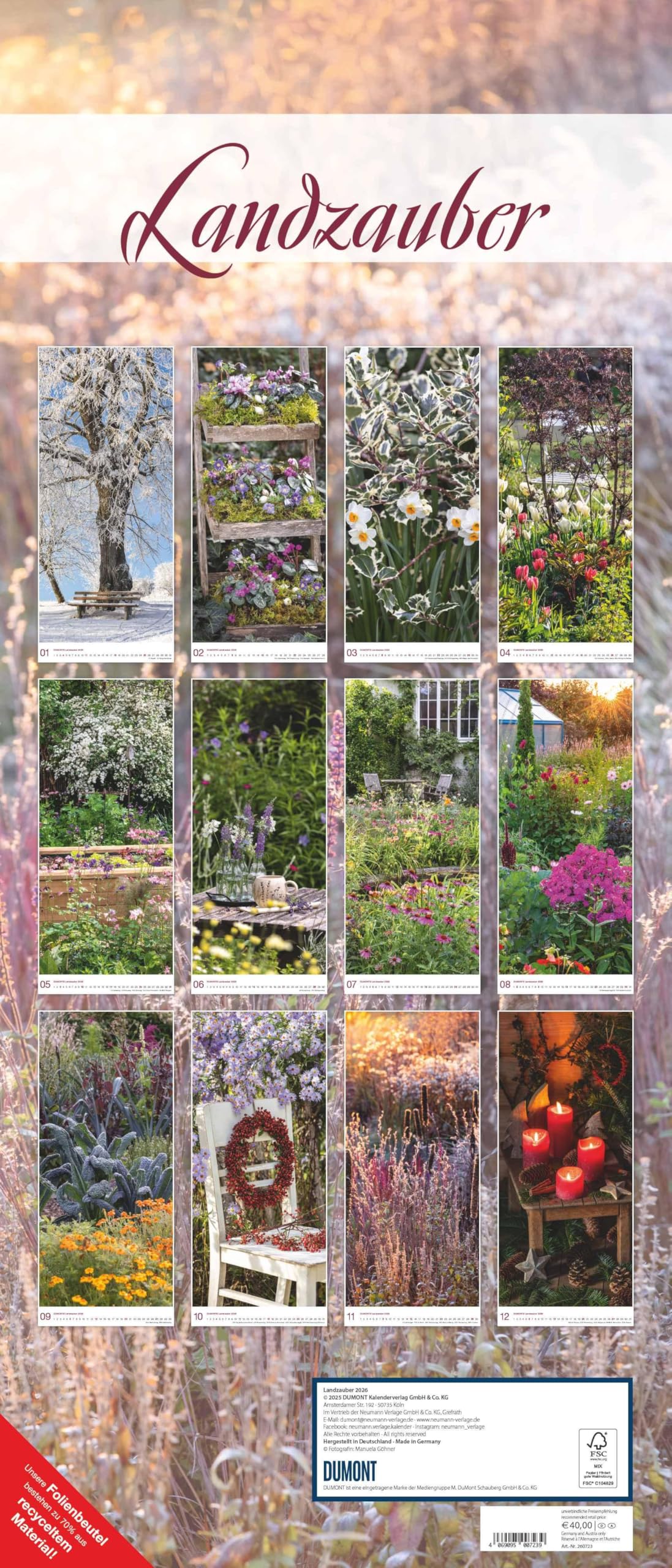 DUMONT - Landzauber 2026 – Wandkalender 30 x 70 cm mit stimmungsvollen Garten- und Landleben-Motiven, dekorativer Kalender für Zuhause