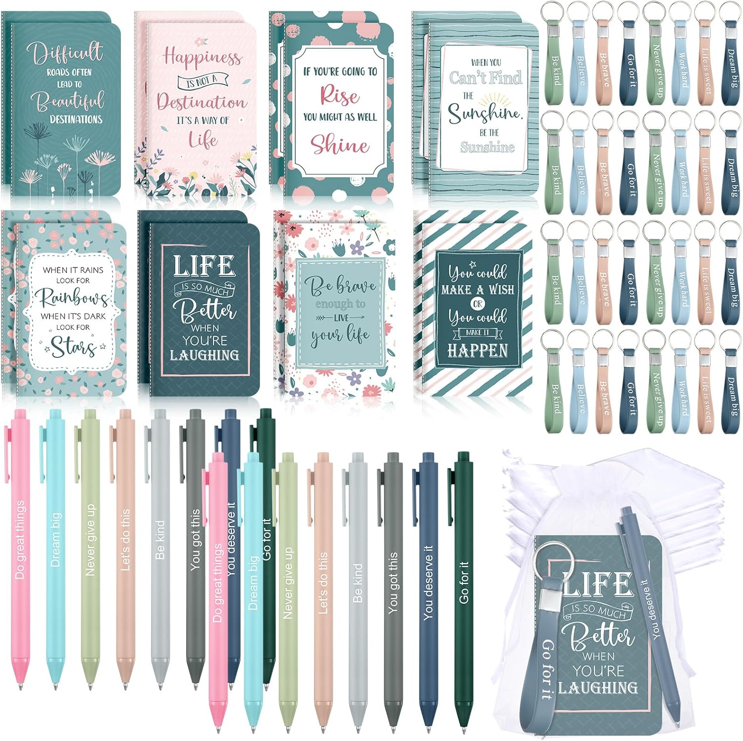 Pajean 128 Pcs Inspirational Gifts Bulk Motivational Notebooks Journal Ballpoint Pens Positive Affirmation Keychains Organza Bags for Students Teachers Employee School Office Prizes Favors Supplies