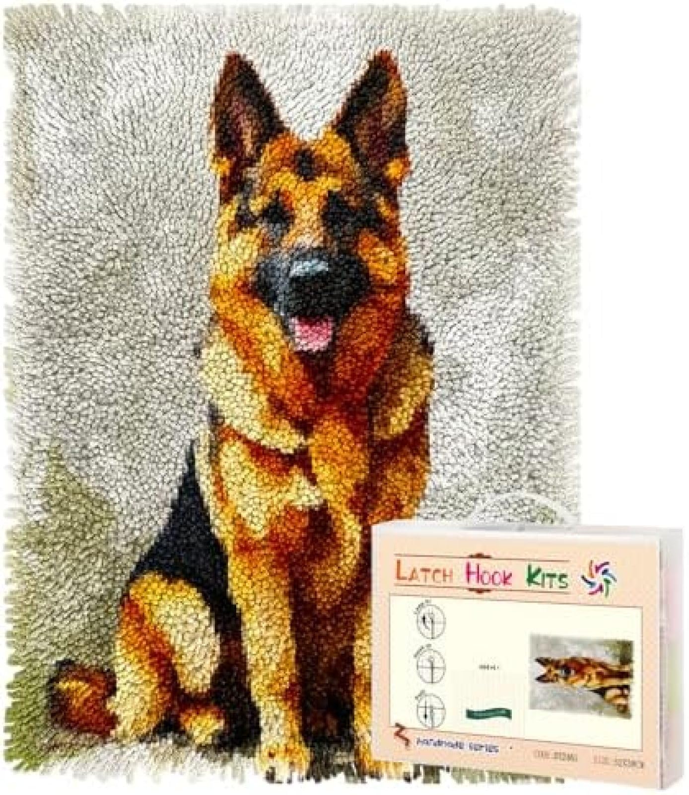 ANSIWEIGO Latch Hook Rug Kit Cute German Shepherd Dog Pre-Printed Handmade Carpet Crochet Yarn Craft DIY Hook and Latch Door Mat Tapestry for Home Floor Decoration 52x38cm