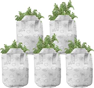 Ambesonne Airplane Grow Bags 5-Pack, Childish Puffy Clouds, Heavyduty Fabric Pots with Handles for Plants, 5 Gallon, Black White