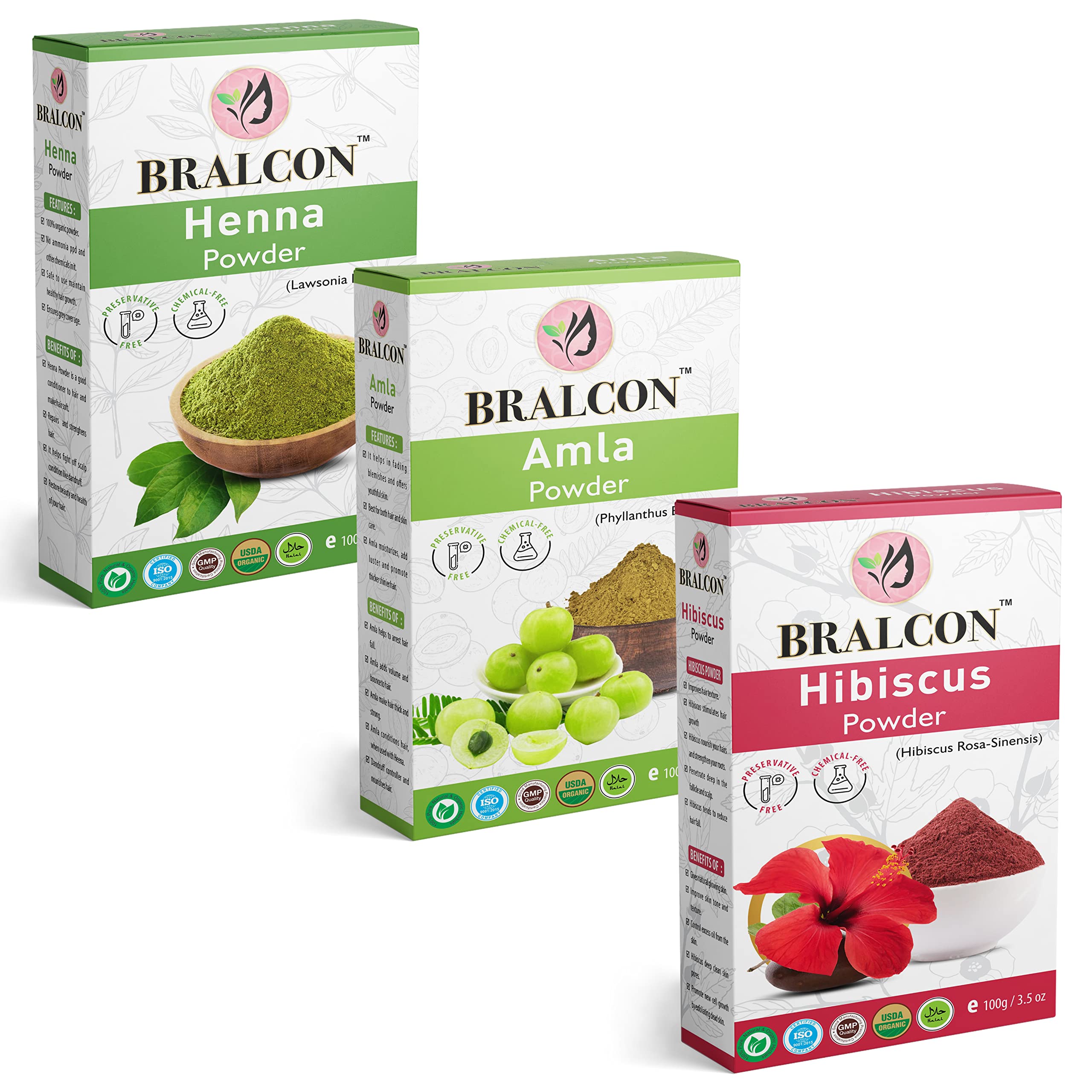 Buy BRALCON Henna, Amla, Hibiscus Powder Combo300g(100g x 3 Pack