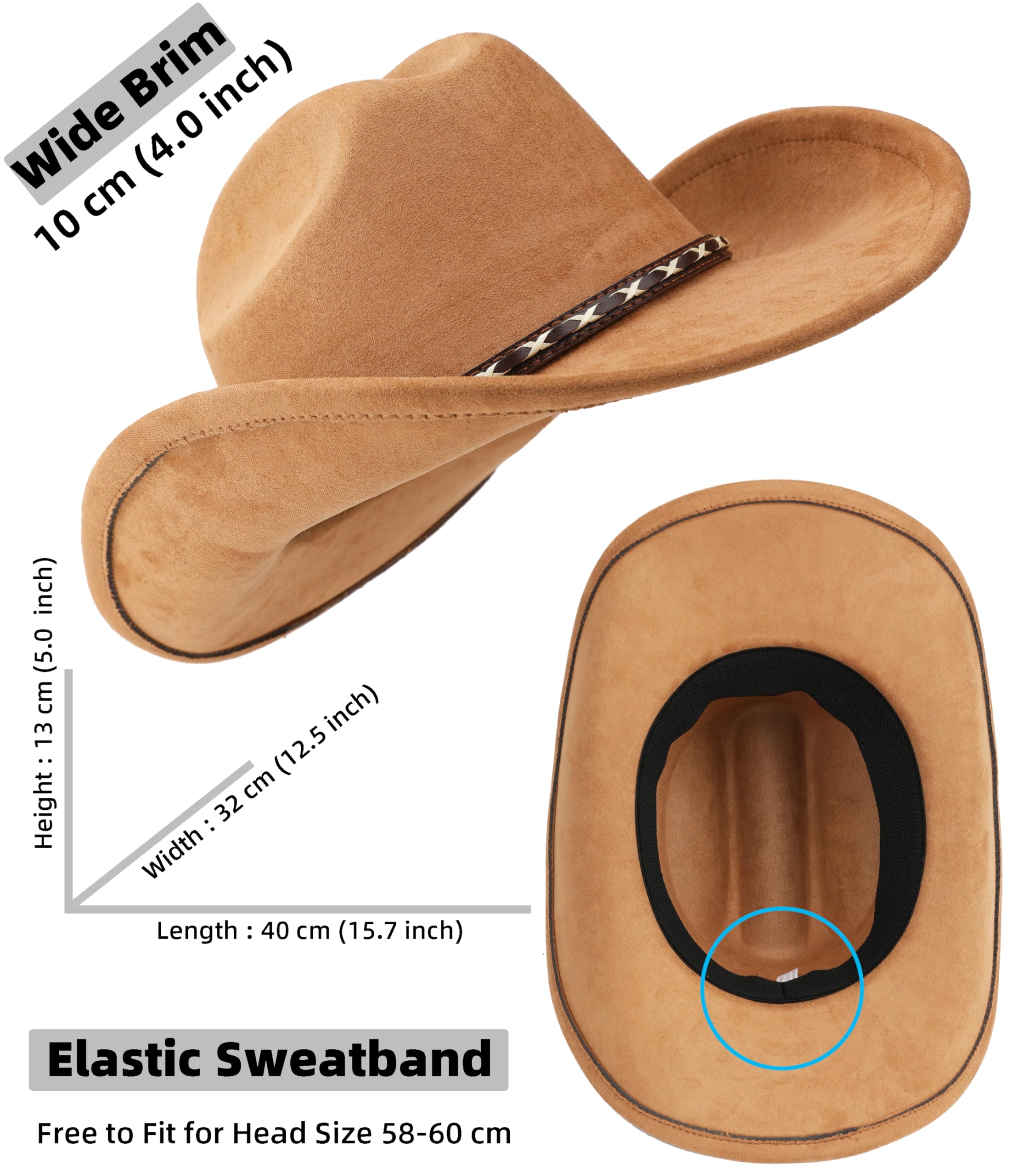 BESOOGII Sombrero de vaquero occidental para mujeres y hombres, unisex, de ala ancha, de fieltro para vaqueros y vaqueras