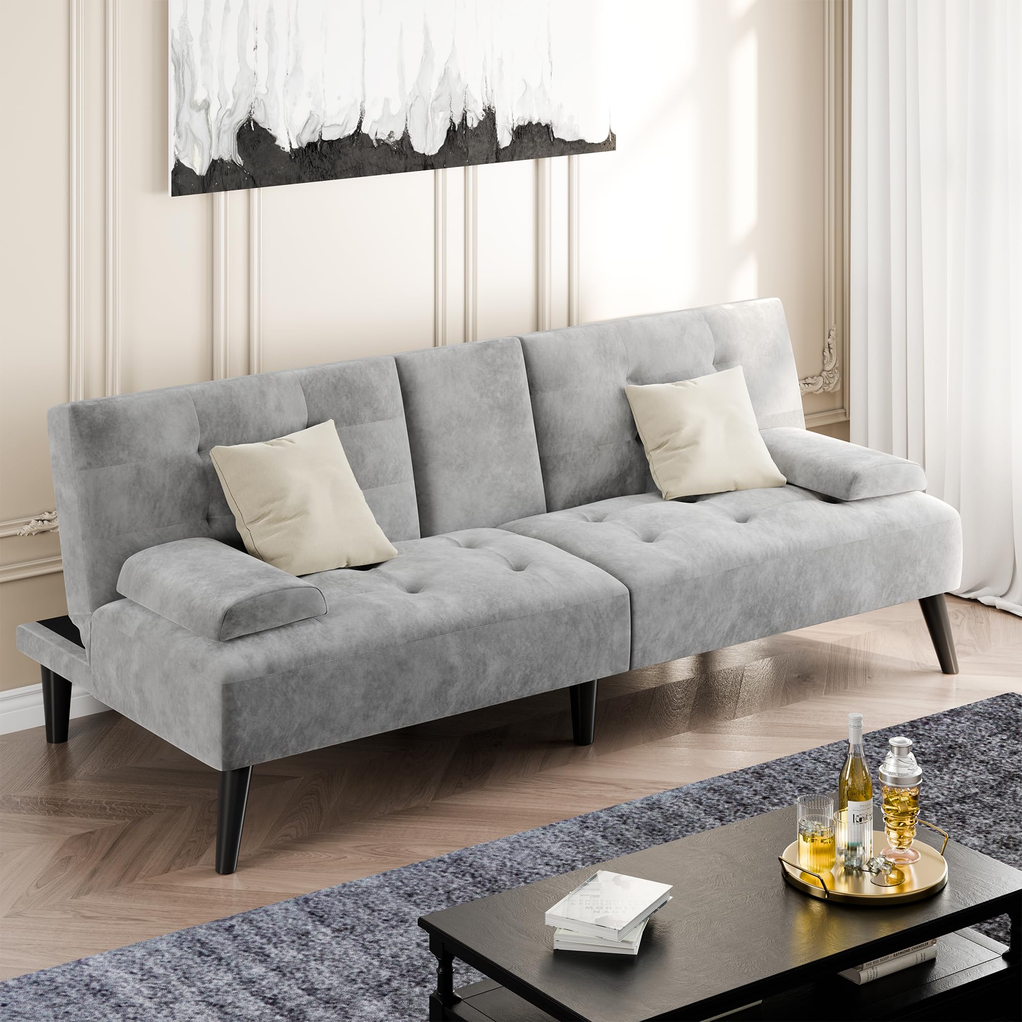 Shintenchi Futon Sofa Bed Velvet Foldable Couch Reclining Sleeper w Removable Armrests Upholstered Loveseat w Folding Cup Holders