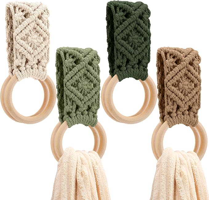 Tioncy 4 Pcs Kitchen Dish Towel Holder Gifts for Christmas Boho Handmade Crochet Hanging Towels Loop Ring Knit Towel Hanger for Cabinet House Oven Stove Door, 4 Colors(Sage Green)