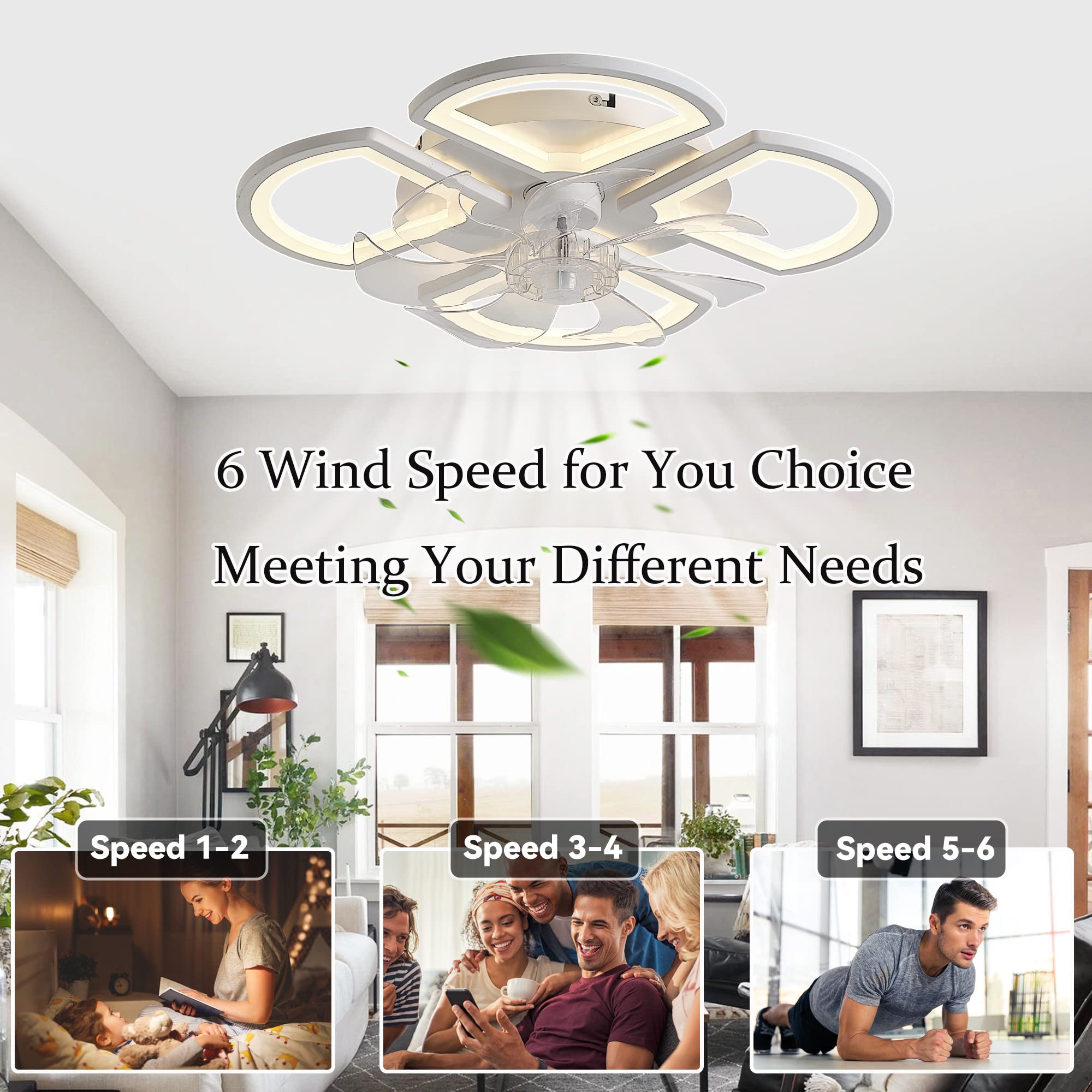 Ventilatore A Soffitto Floreale Con Luci LED E Telecomando - YUNZI 80 Cm - 6 Velocità, Motore CC Reversibile, Timer - Bianco - 2