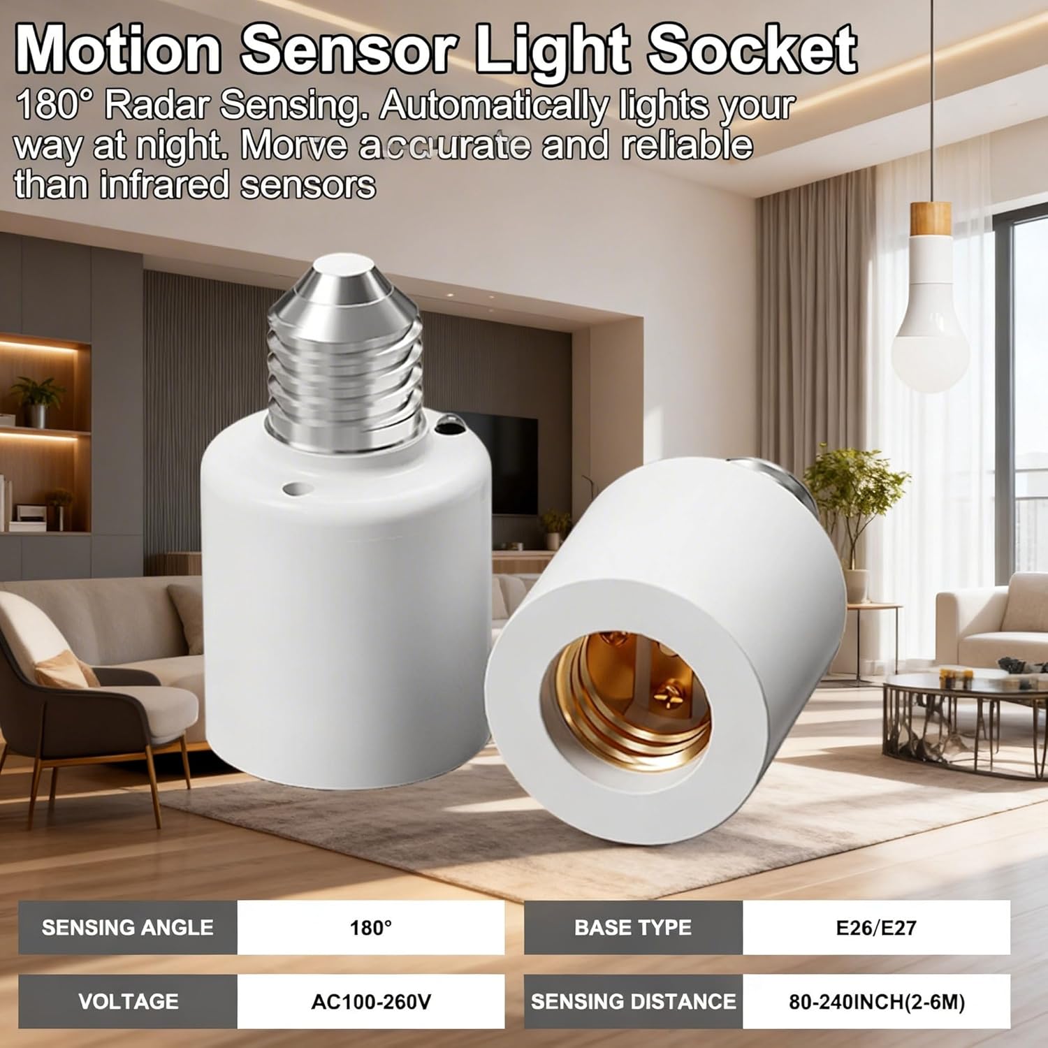 Motion Sensor Light Socket, Auto On/Off Smart Light Socket Adapter for E26/E27 Bulbs, Screw-in Motion-Activated Lamp Holder for Garage, Porch, Yard