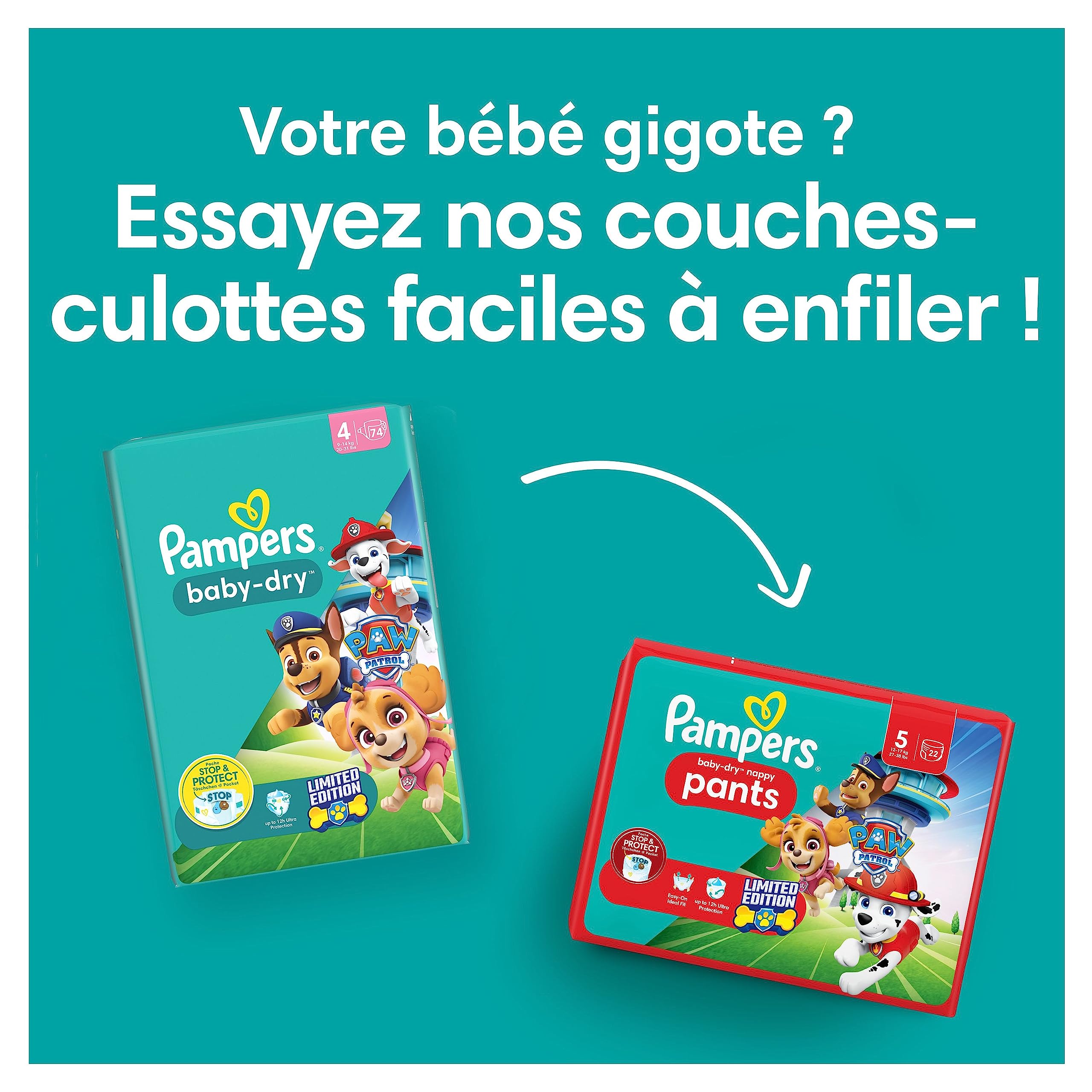 Pampers Baby-Dry, Taille 3, 234 Couches, 6-10kg, A La Rescousse Contre Les Fuites Grâce A Une Protection Intégrale Jusqu'à 12h, Edition Limitée avec La Pat’Patrouille, Pack 1 Mois