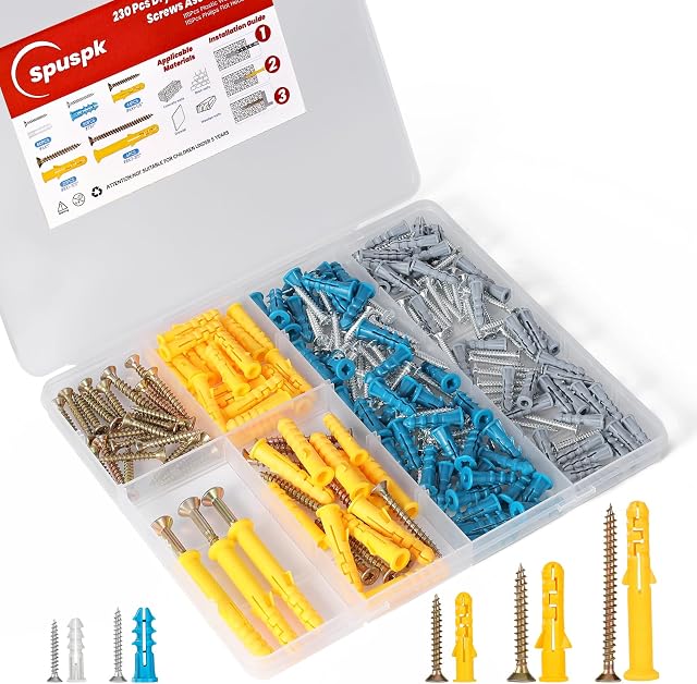 230 Pcs Drywall Anchors and Screws Assortment Kit, 115 Plastic Wall Anchors and 115 Philips Flat Head, 5 Sizes Galvanized Screws and Wall Plug Bolts with Organizer Box