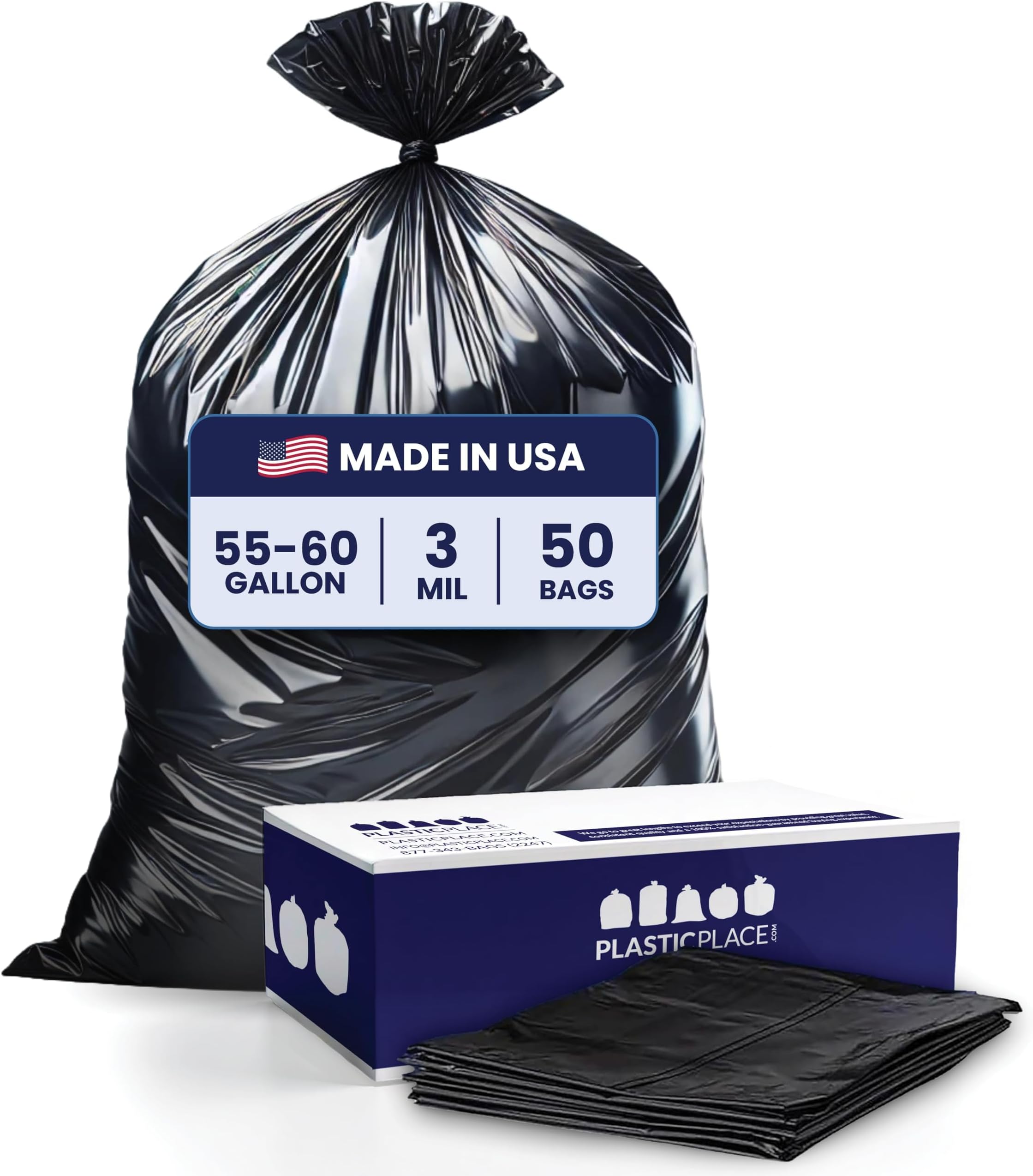 Plasticplace Contractor Trash Bags 55-60 Gallon, 3.0 Mil, Black Heavy Duty Garbage Bag, 38โ X 58โ (50Count)