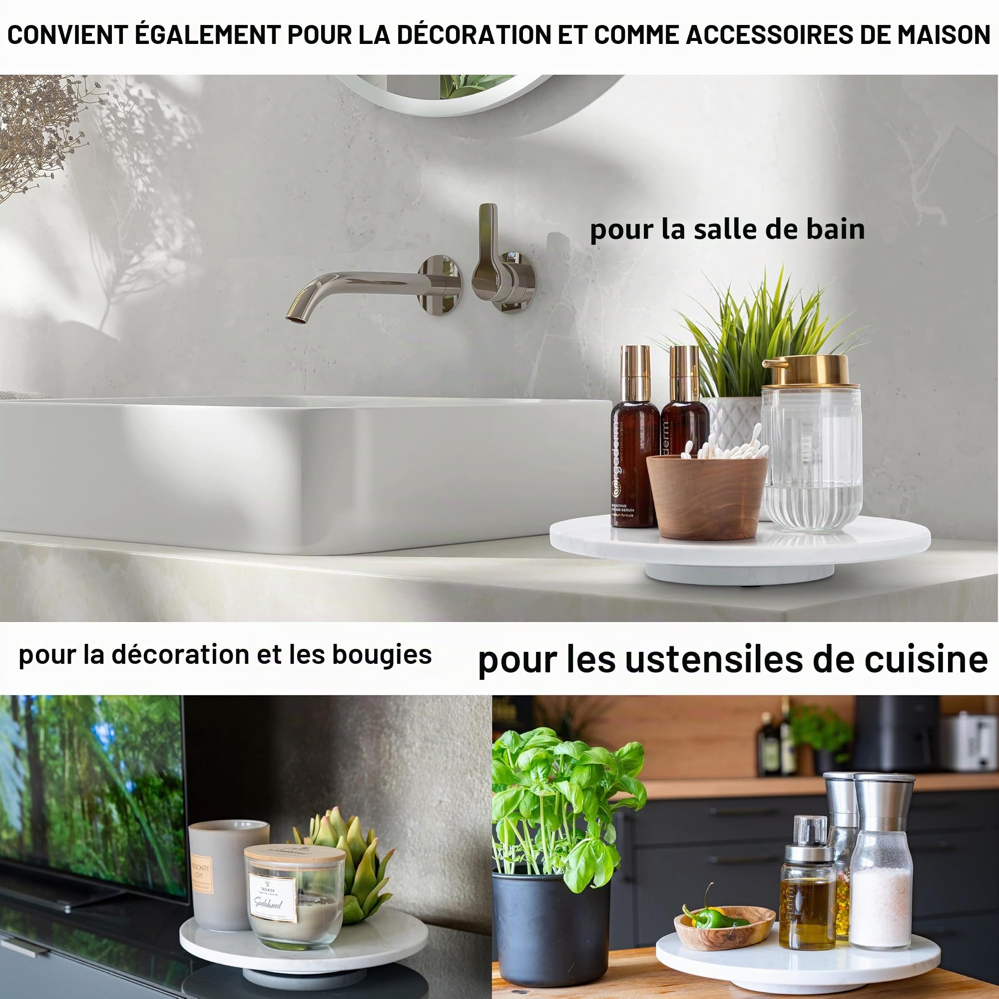 Plateau Rotatif en Marbre Rond - à Gâteau, Saucisse, Fromage - de Service Avec Pied - Blanc - Tournant - Présentoir
