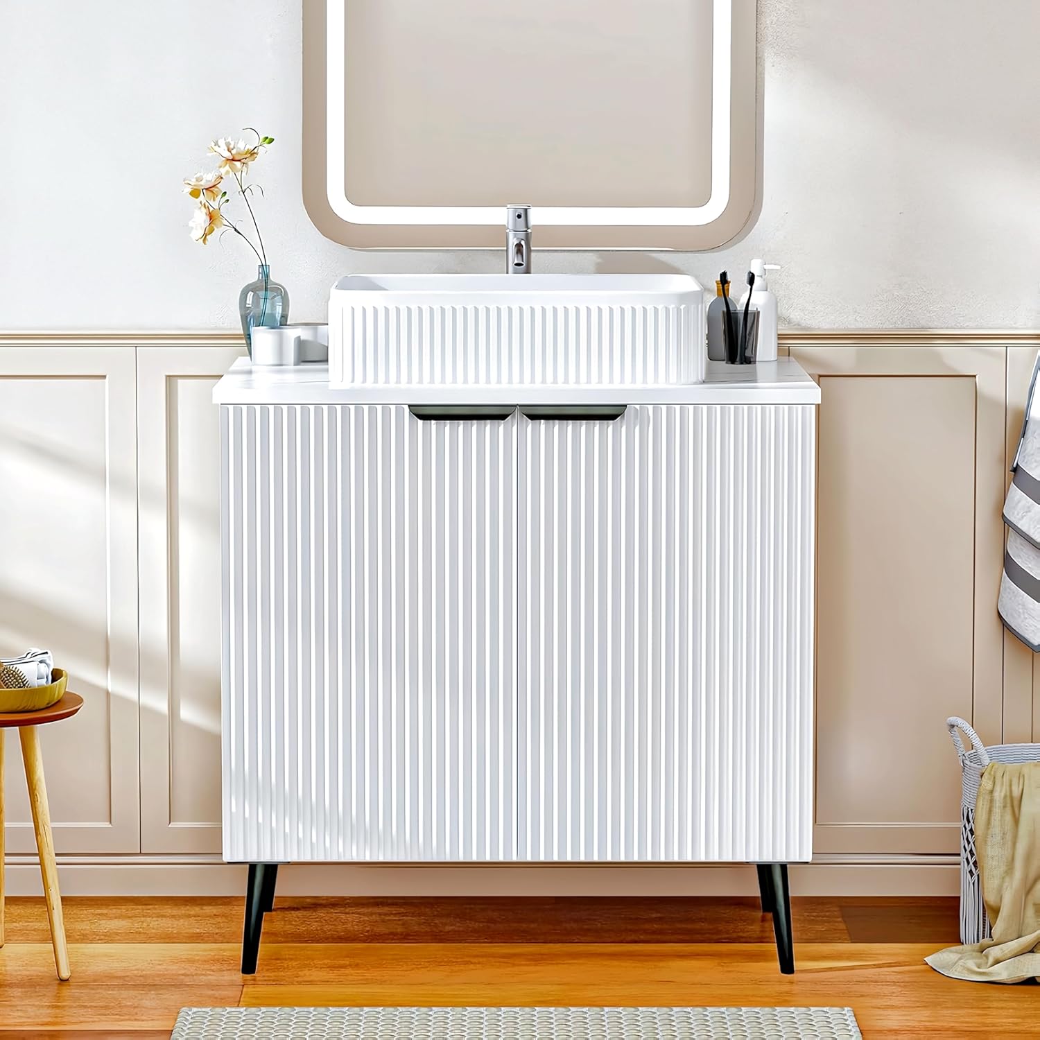 30-Inch Bathroom Vanity with Sink: Easy 30-Min Tool-Free Assembly, Water-Resistant Wave Door Cabinet & Modern Farmhouse Design for Small Bathroom, Apartment (White)