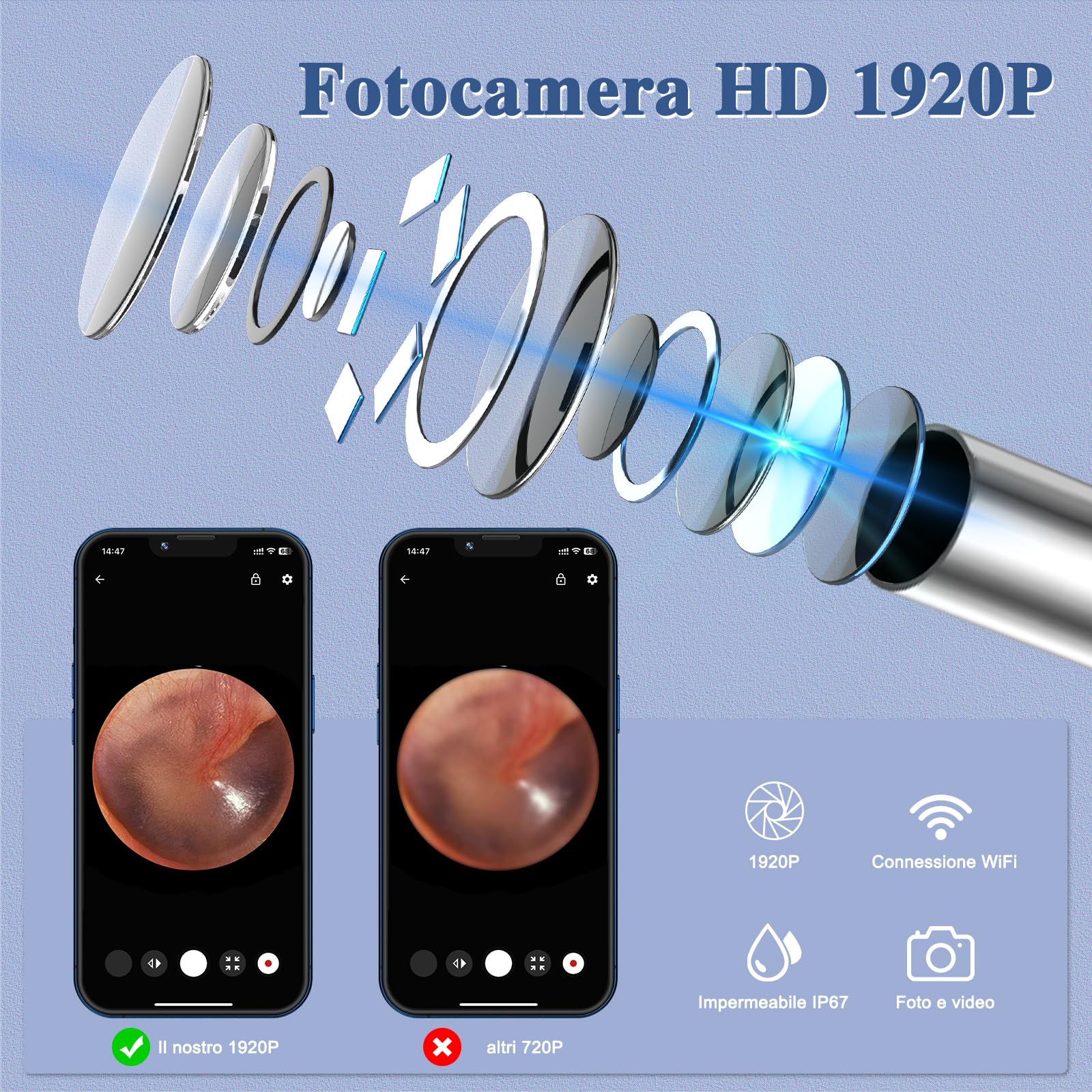 LMEHCN Otoscopio per Pulizia Orecchie - Pulisci Orecchie con Visione 1080P, 6 Luci LED, IP67 Impermeabile, Diametro 3 mm, Compatibile con iPhone iPad e Telefoni Android, Nero