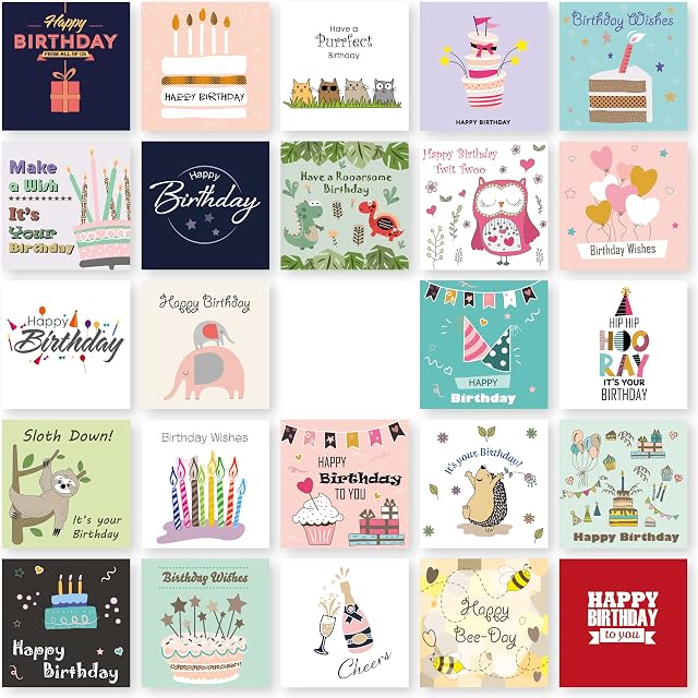 Birthday Cards Multipack of 24. Each Birthday Card box includes 24 Mixed Happy Birthday Card Designs. Blank Inside. Bulk Birthday Cards and Envelopes by Absolutely Yours.