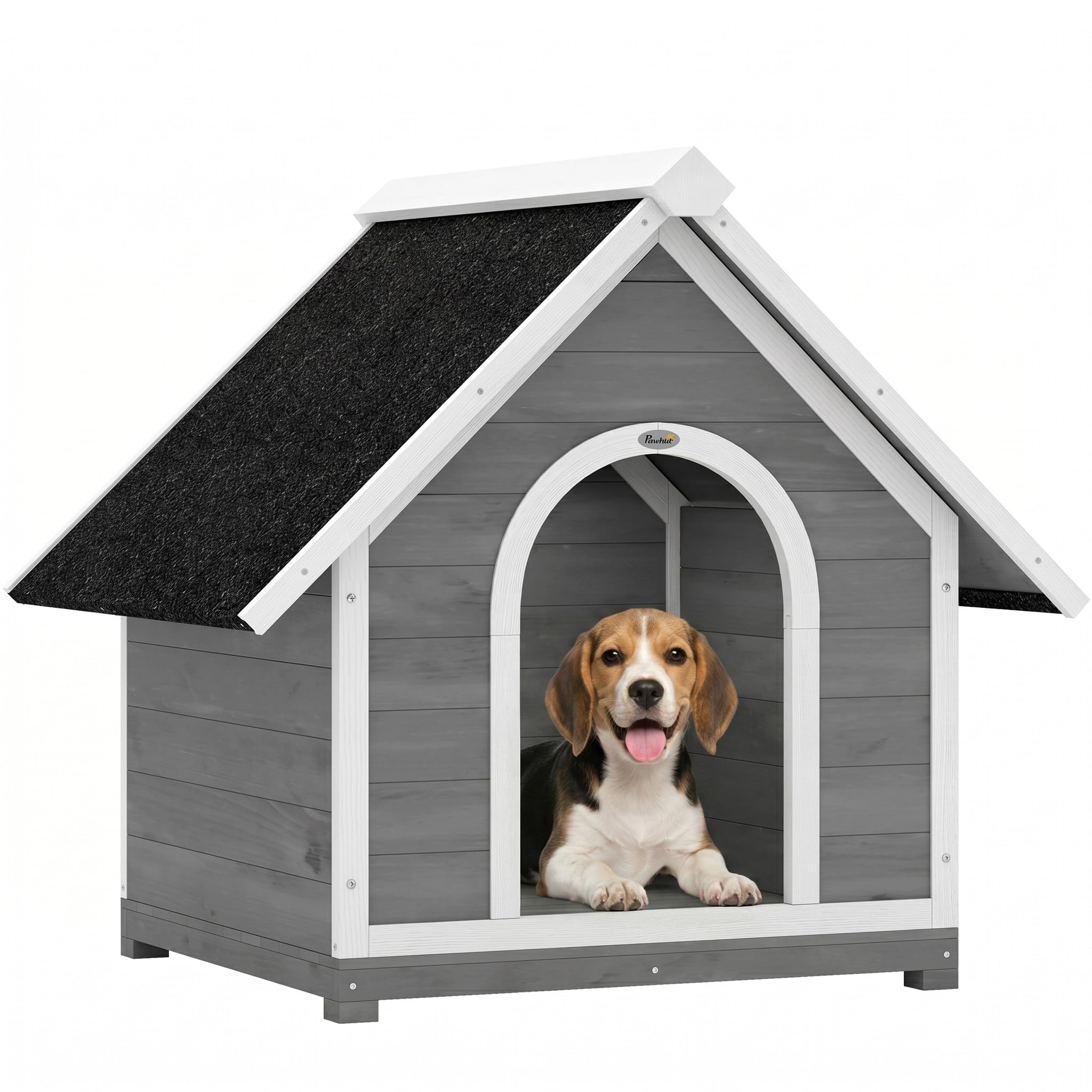 PawHut Niche pour Chien Extérieur en Bois Ouvrant 84x101x86 cm Gris/Blanc | Nettoyage Facile, Toit Bitumé Étanche, Villa Scandinave Surélevée