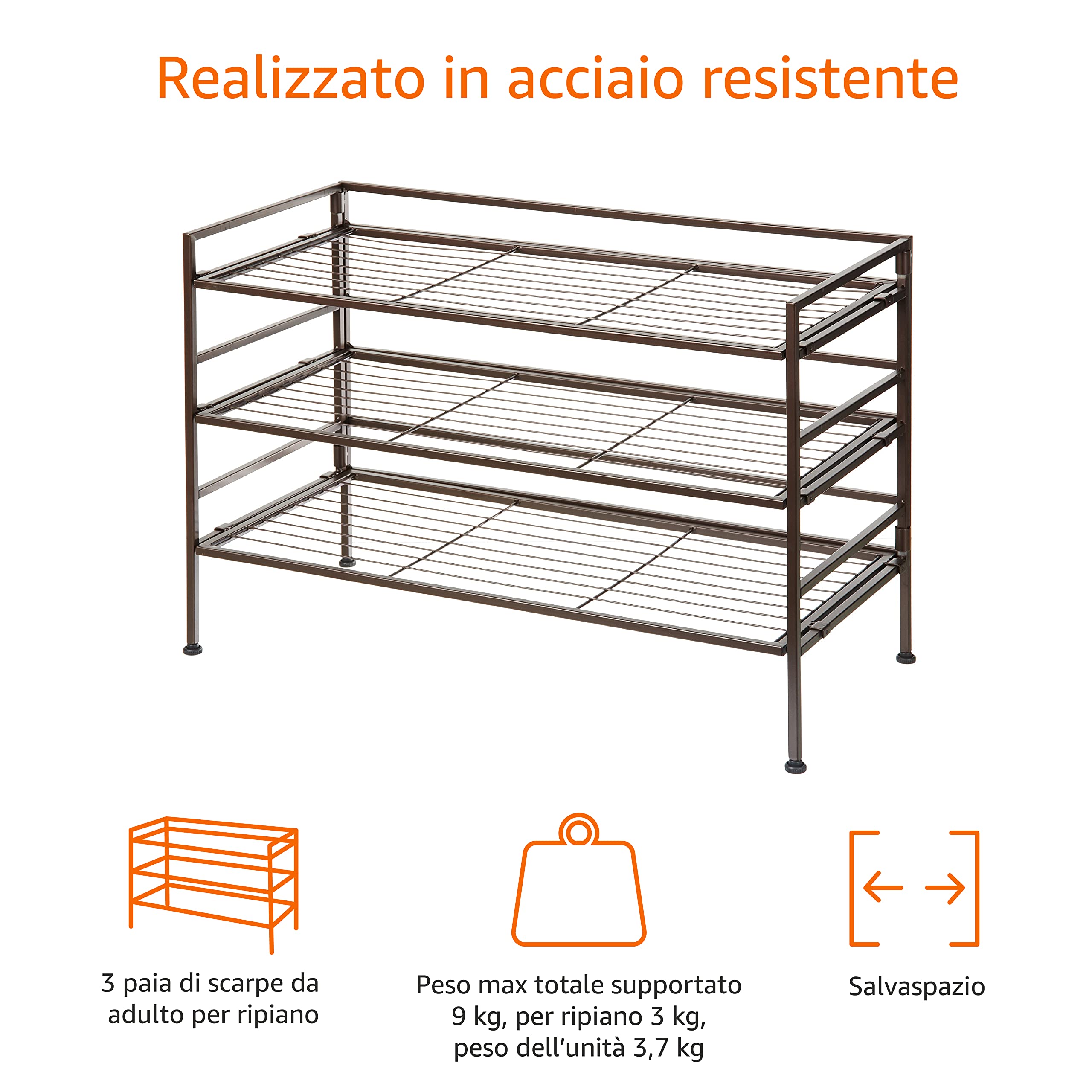Amazon Basics 3 Ripiani Scarpiera per 9 paia di scarpe, Marrone, 68 D x 32 W x 47.5 H cm