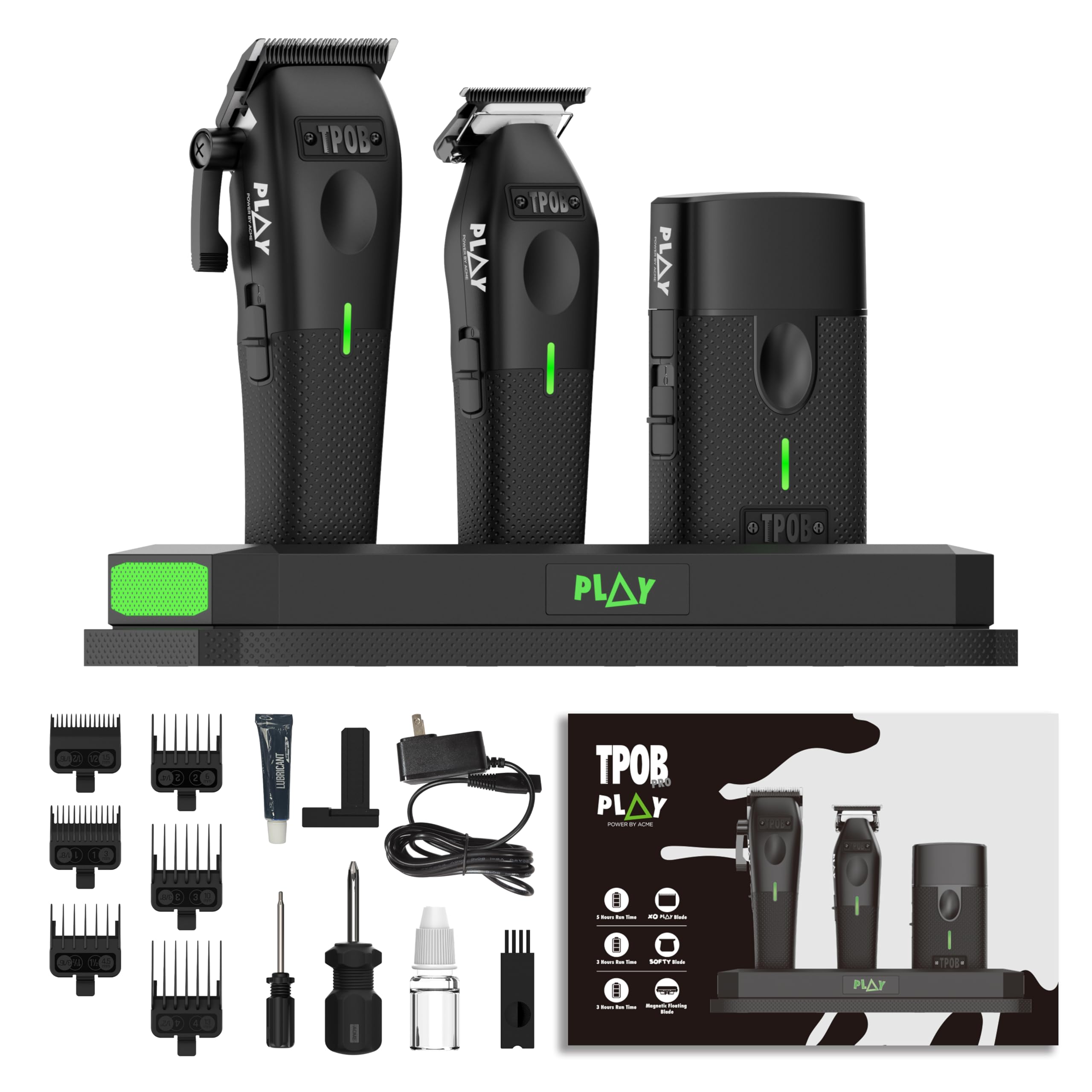 TPOB Play Barber - Rasoio per capelli da uomo, 7500 giri/min, con impugnature in gomma (set Blackout Deluxe)
