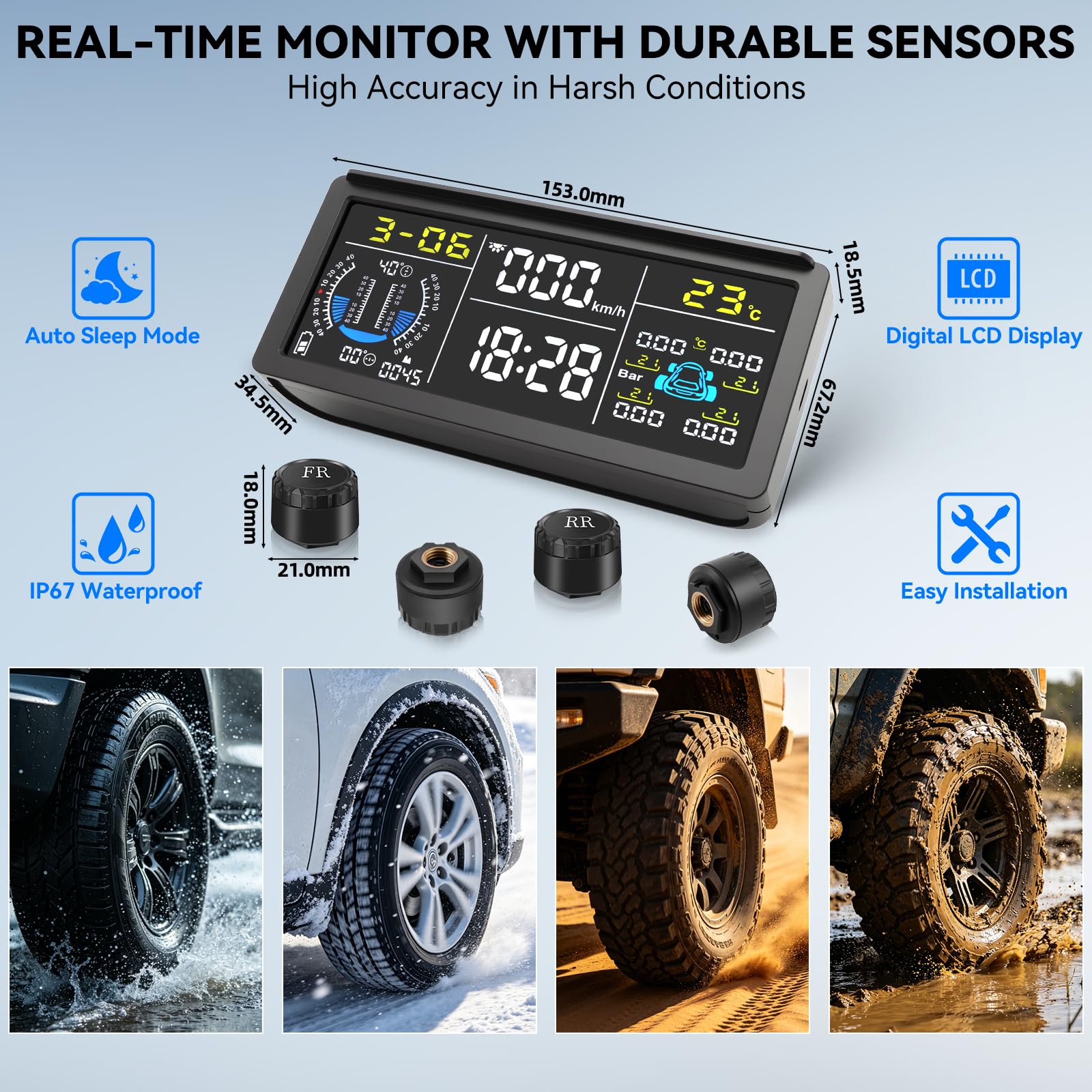 TPMS Reifendruckkontrollsystem 0–199 psi mit 4 Drahtlose Sensoren | TPMS mit Anzeige von Steigung, Geschwindigkeit, Höhe, Zeit,6 Alarmmodi, Solarbetriebenes Drahtloses Reifendruckkontrollsystem