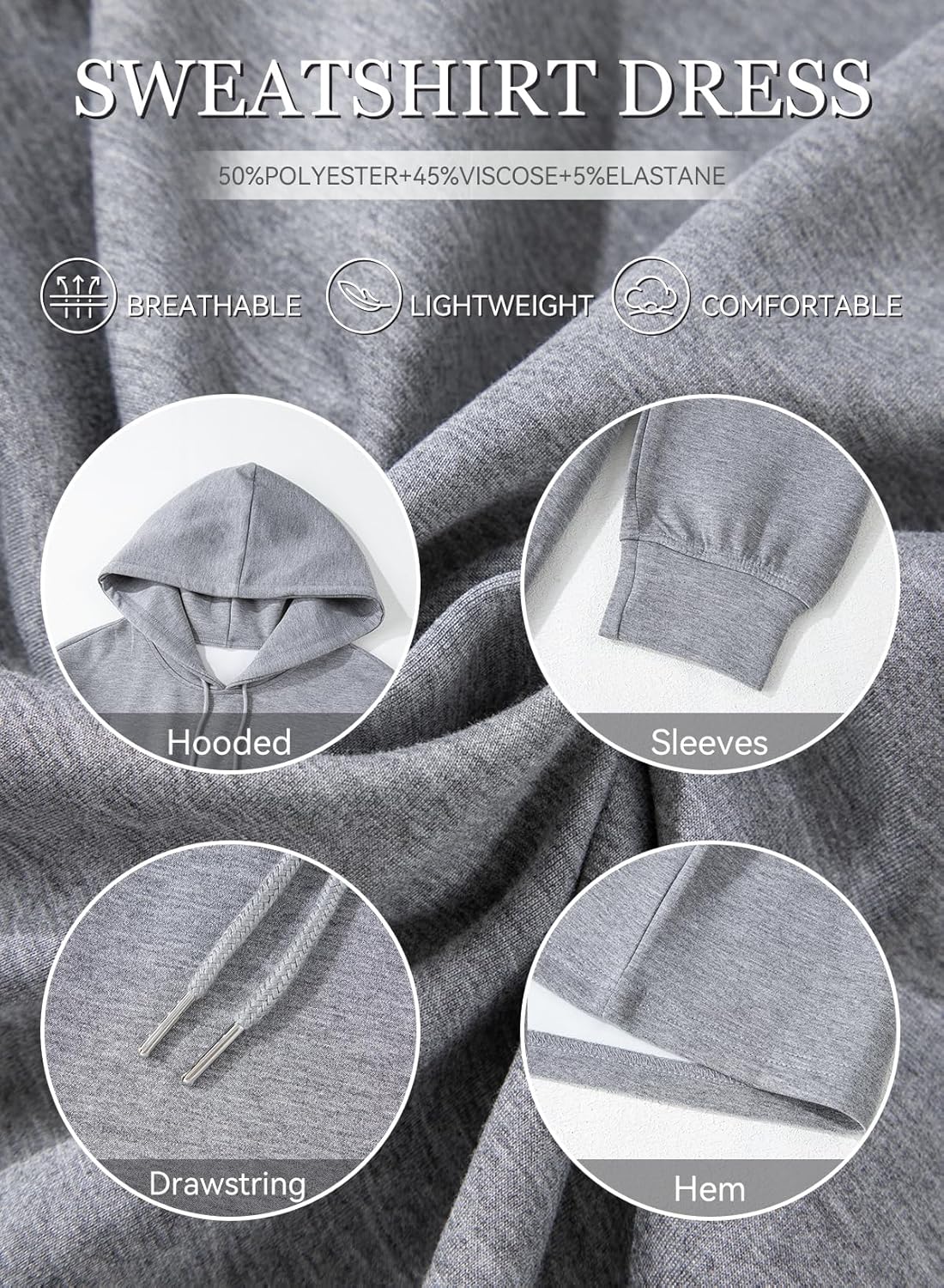 AlvaQ Womens Hoodie Dresses Fall Winter 2025 Casual Long Sleeve Drawstring Pleated Sweatshirt Pullover Tunic Mini Dress - Image 5