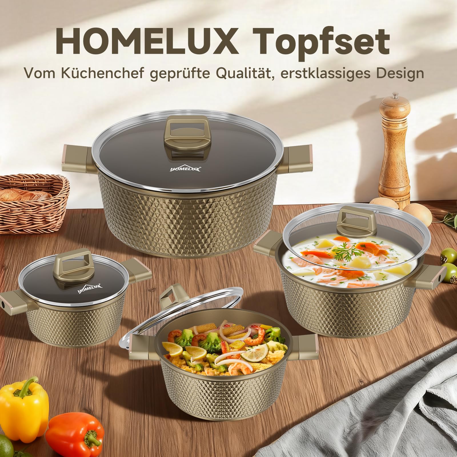 HOMELUX Topfset Induktion 8-teilig, Kochtopf Set mit Glasdeckel | 20/24/28/32cm Aluminiumguss, Antihaftbeschichtet, für Alle Herdarten, PFOA/PFOS-frei, Facettenoptik & Braun